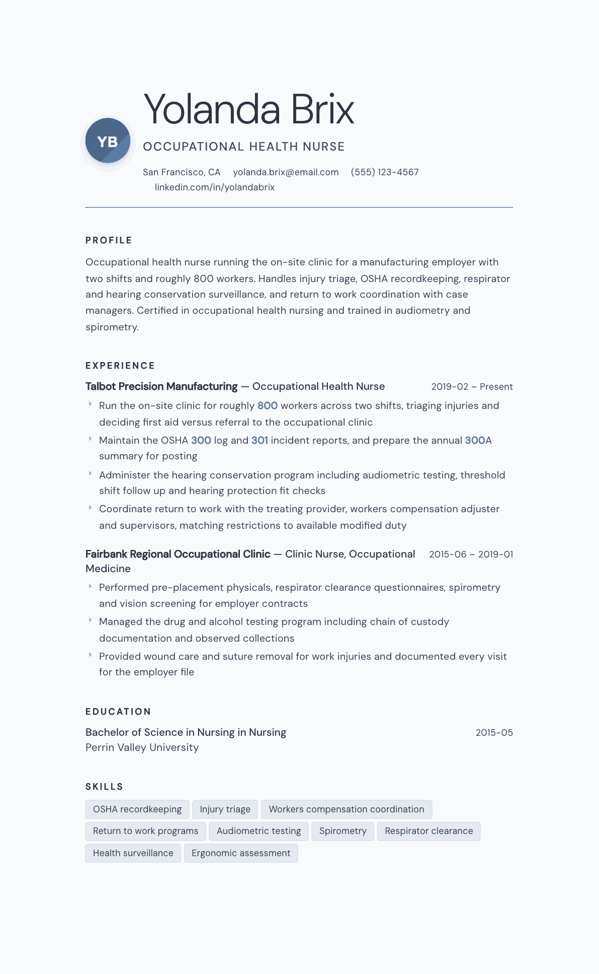 Occupational Health Nurse resume example, Nordic template