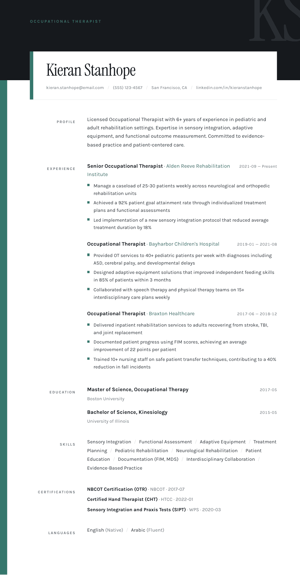 Occupational Therapist resume example, Quarto template
