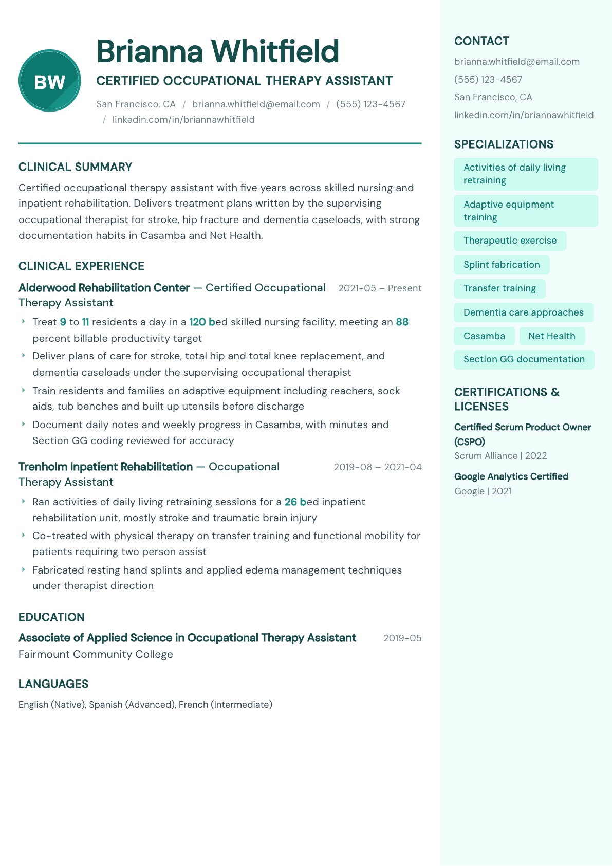Occupational Therapy Assistant resume example, Remedy template