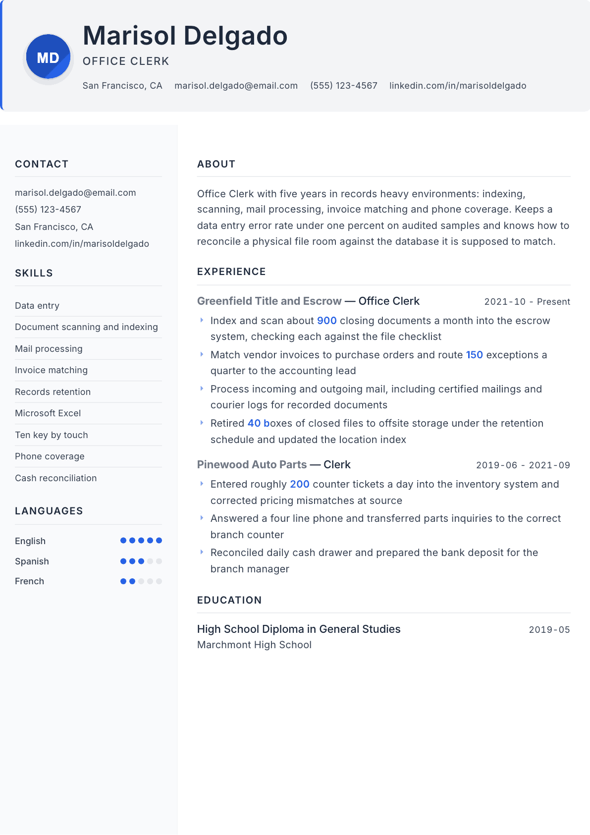 Office Clerk resume example, Paper template