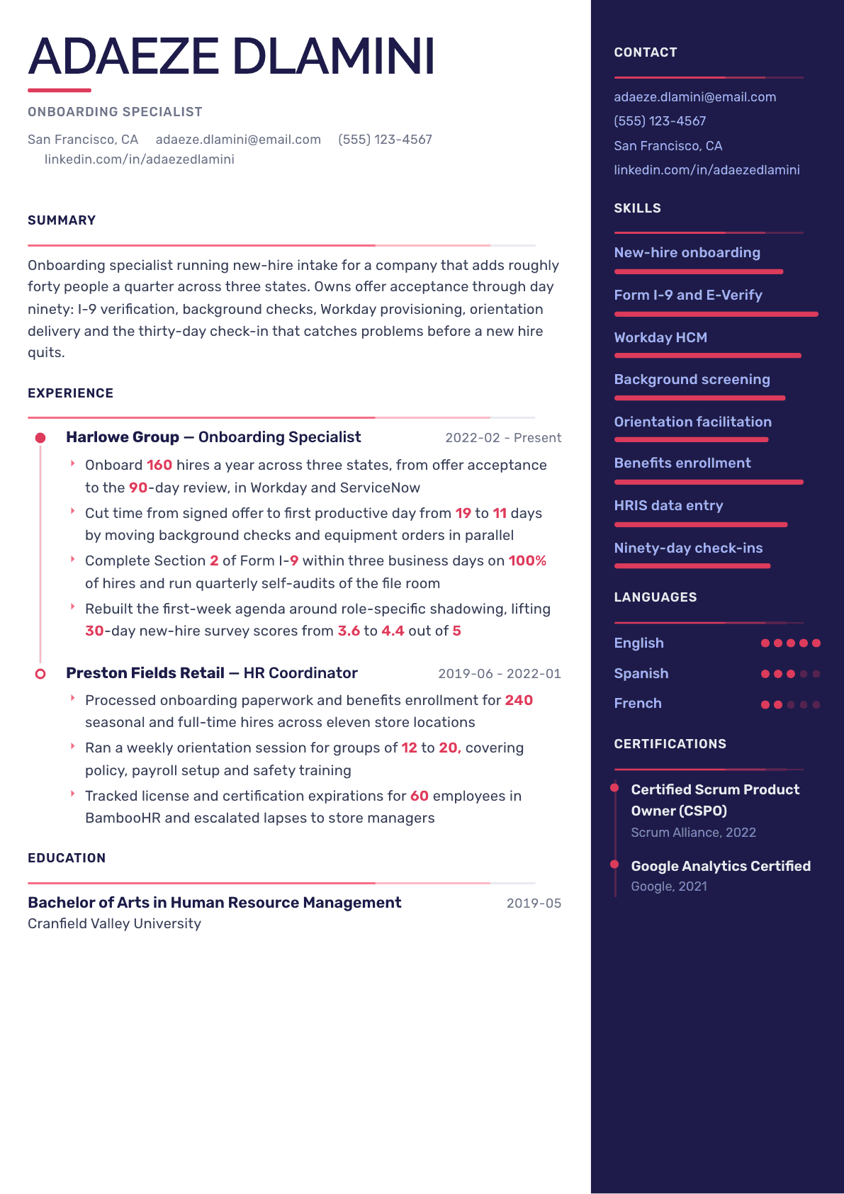 Onboarding Specialist resume example, Obsidian Dark template