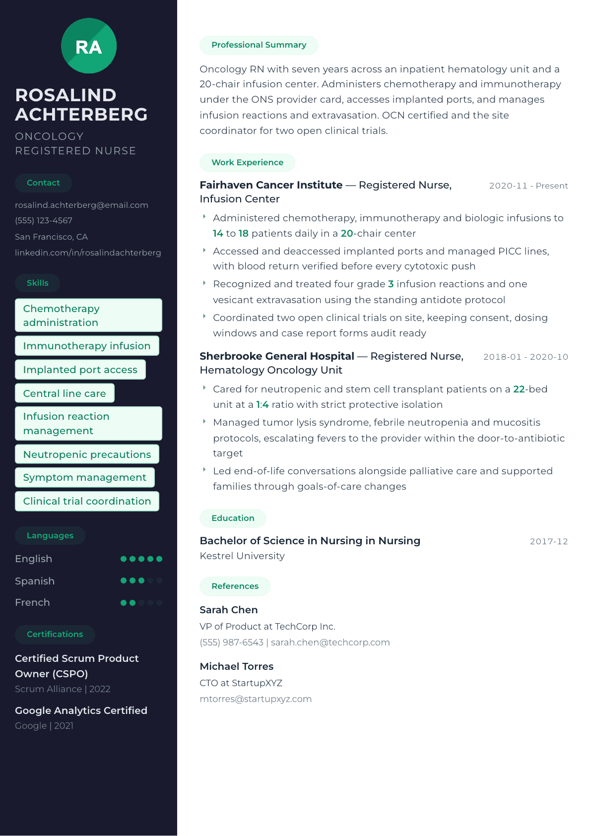 Oncology Nurse resume example, Oslo template