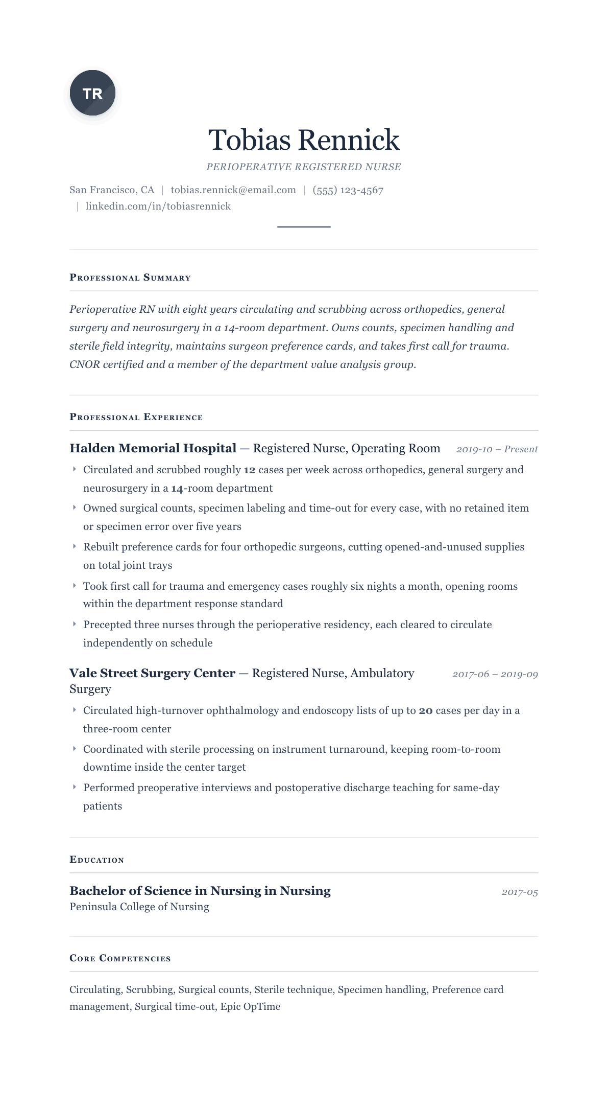 Operating Room Nurse resume example, Cornerstone template