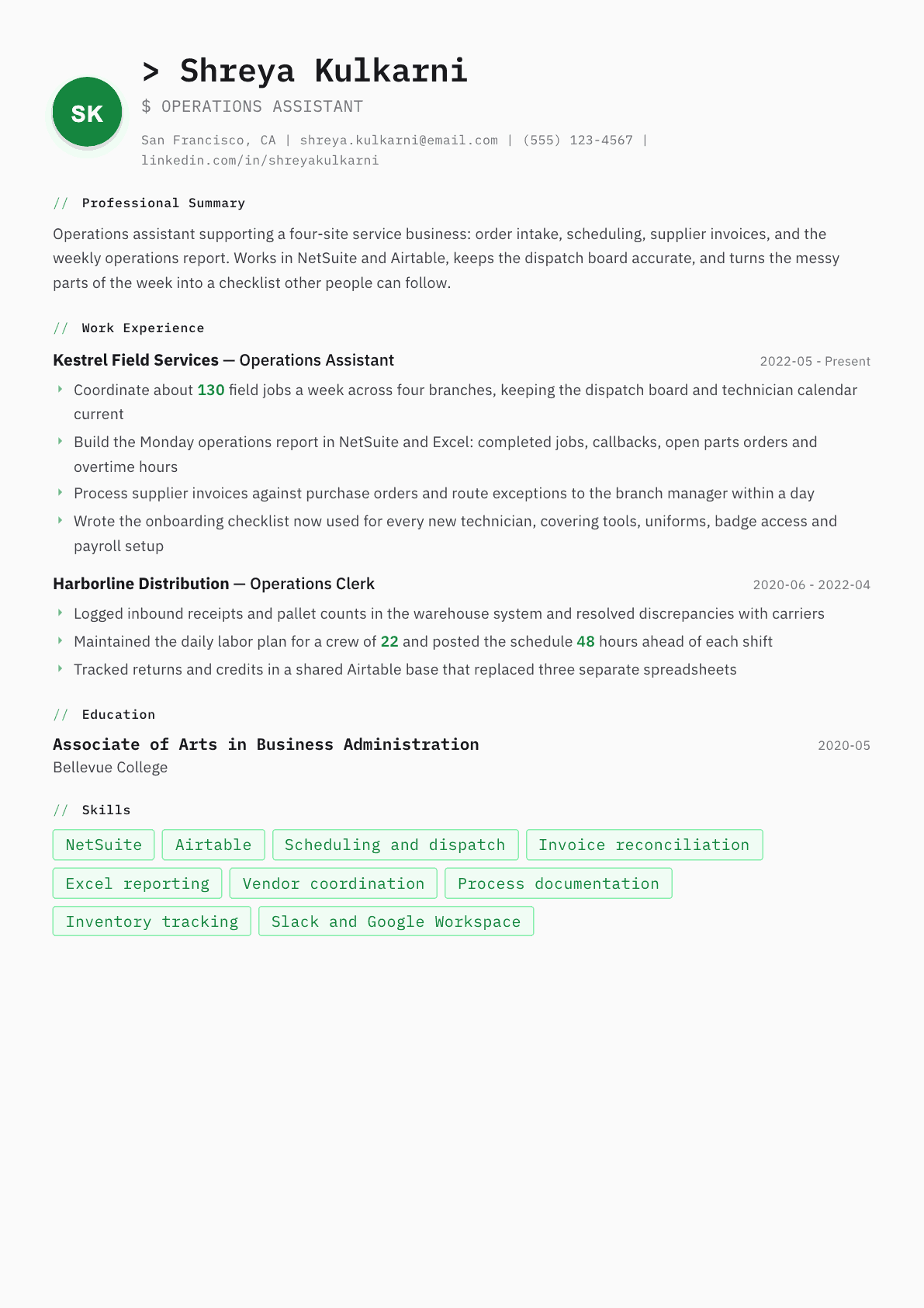 Operations Assistant resume example, Amsterdam template