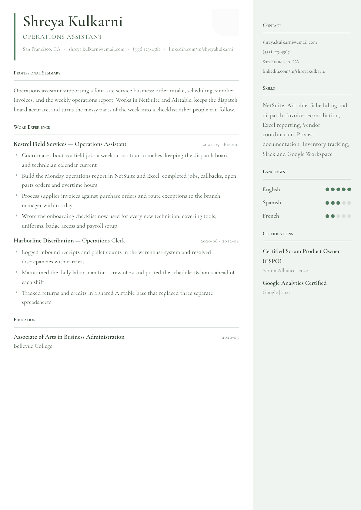 Operations Assistant resume example, Copenhagen template