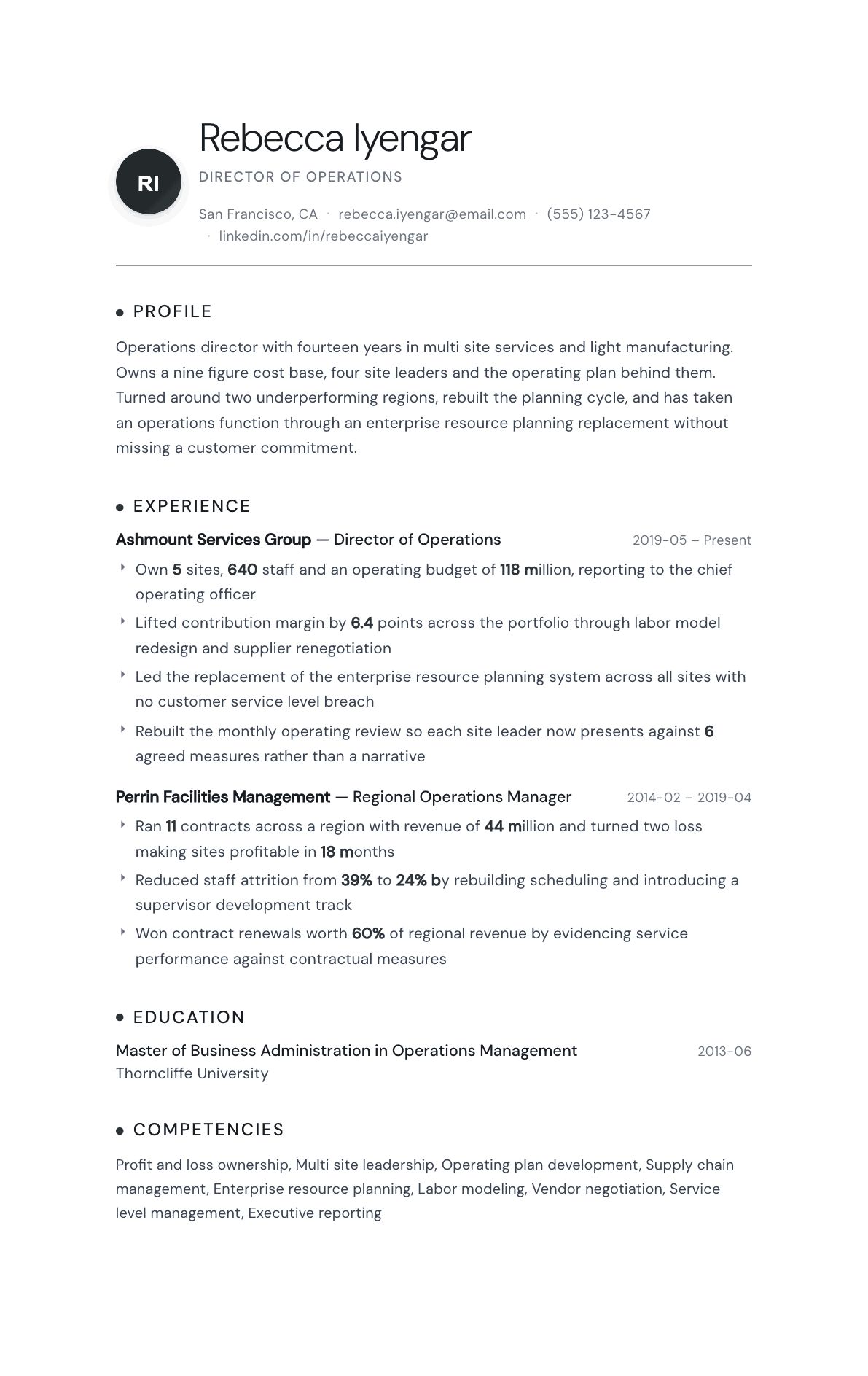 Operations Director resume example, Pinnacle template