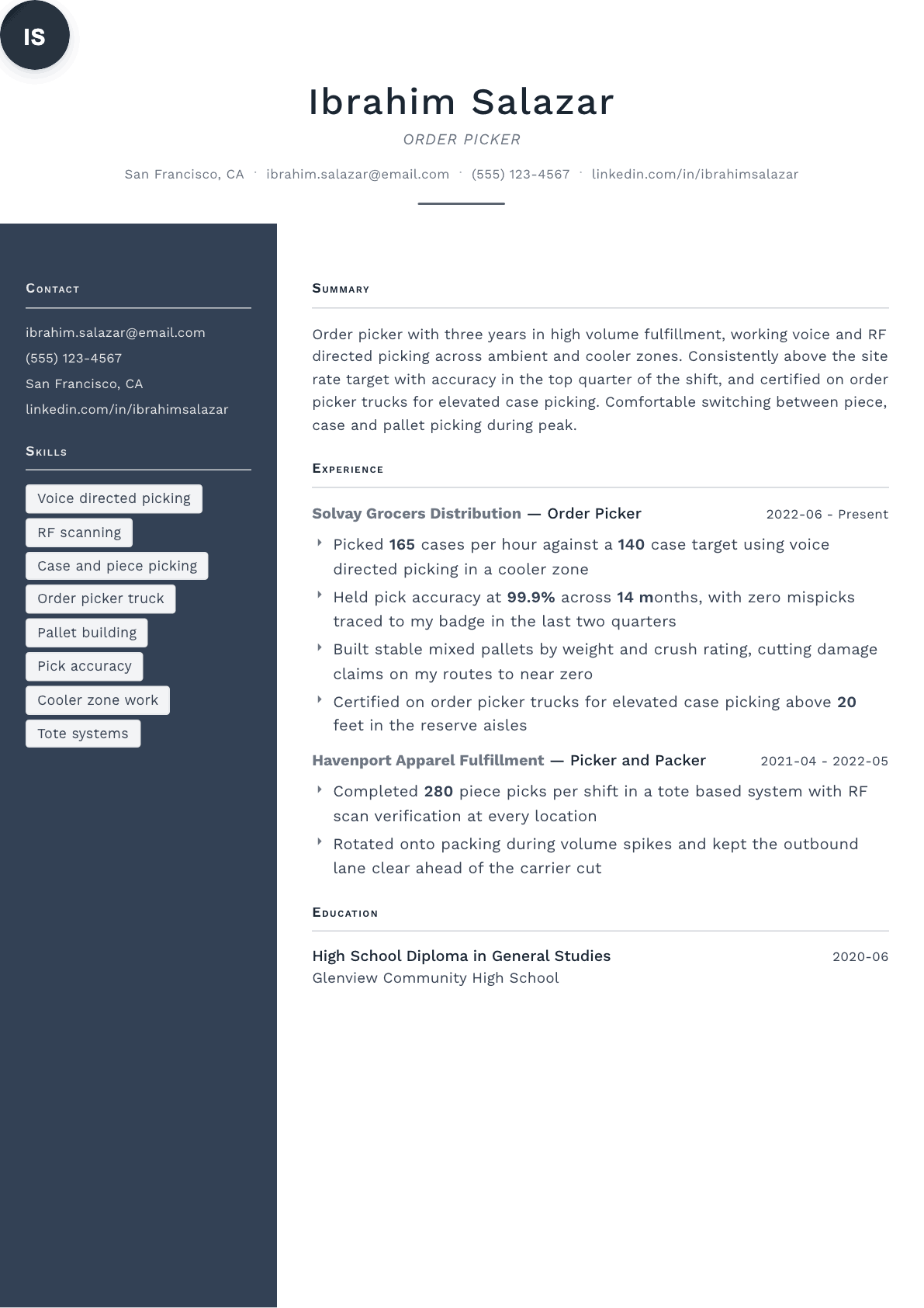 Order Picker resume example, Fold template