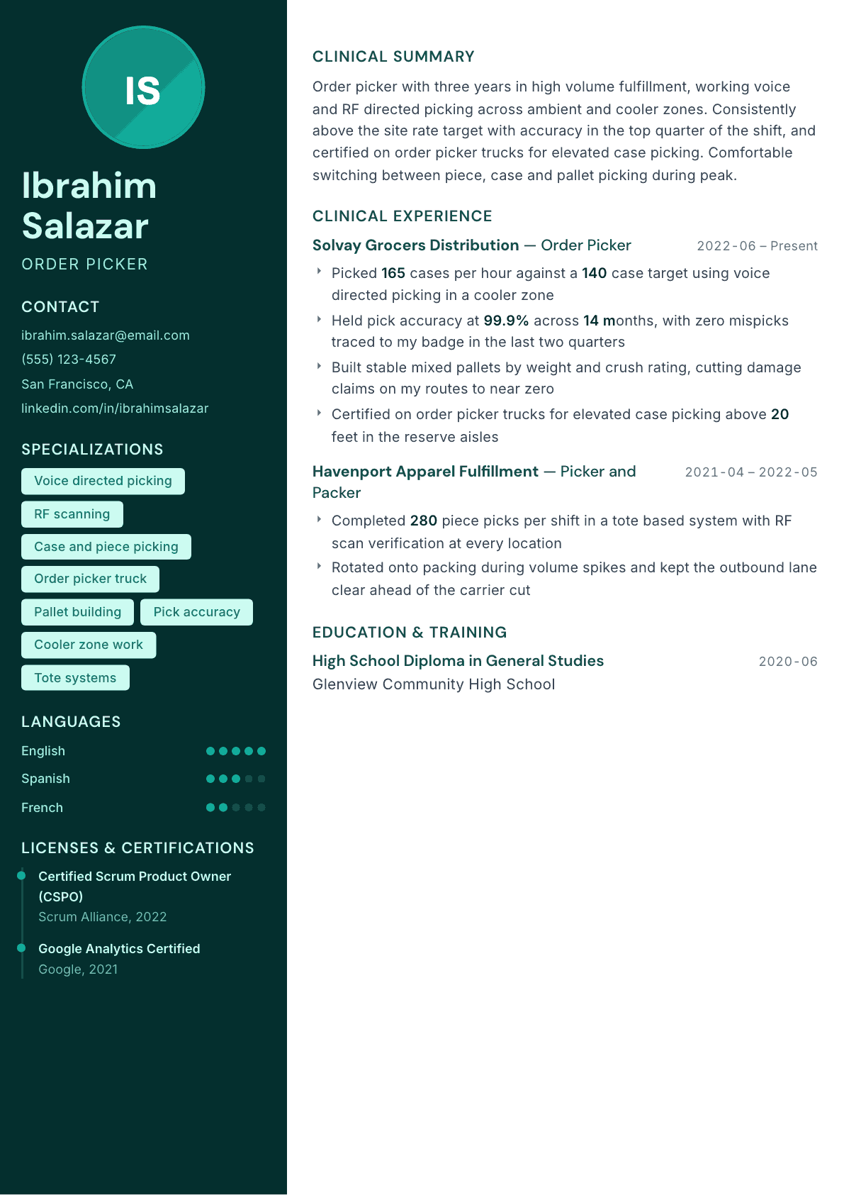 Order Picker resume example, Vitalis template