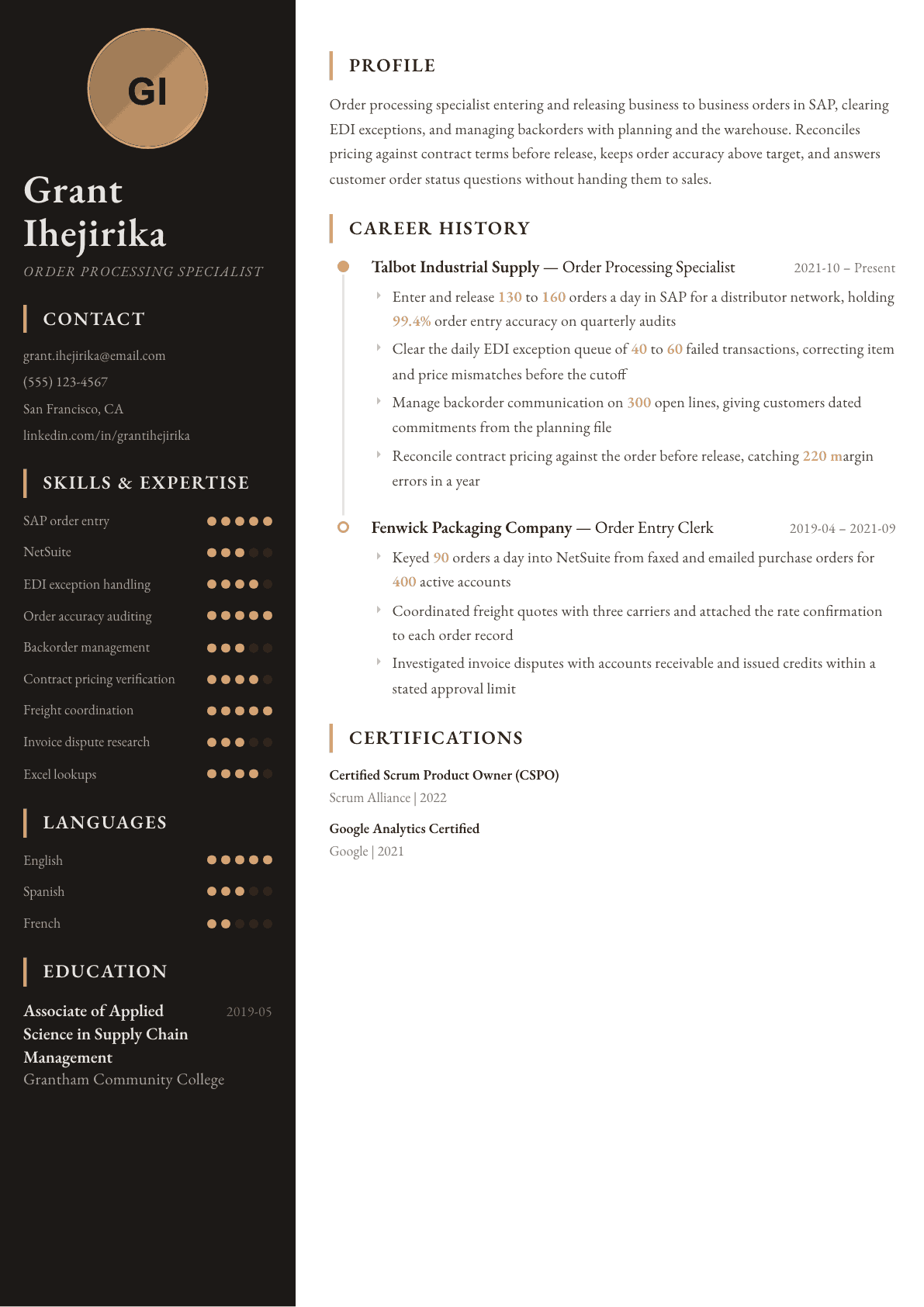 Order Processing Specialist resume example, Heritage template