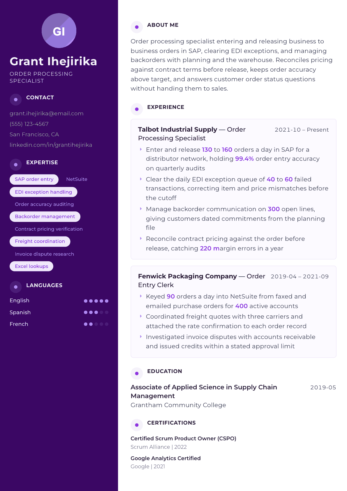 Order Processing Specialist resume example, Palette template