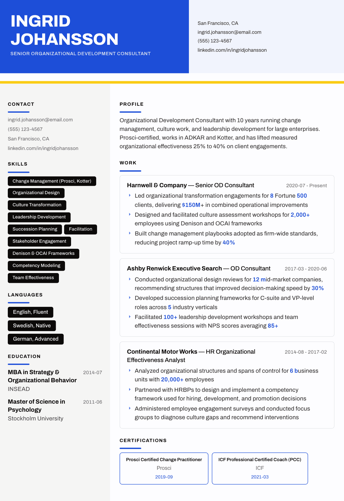 Organizational Development Consultant resume example, Kontrast template