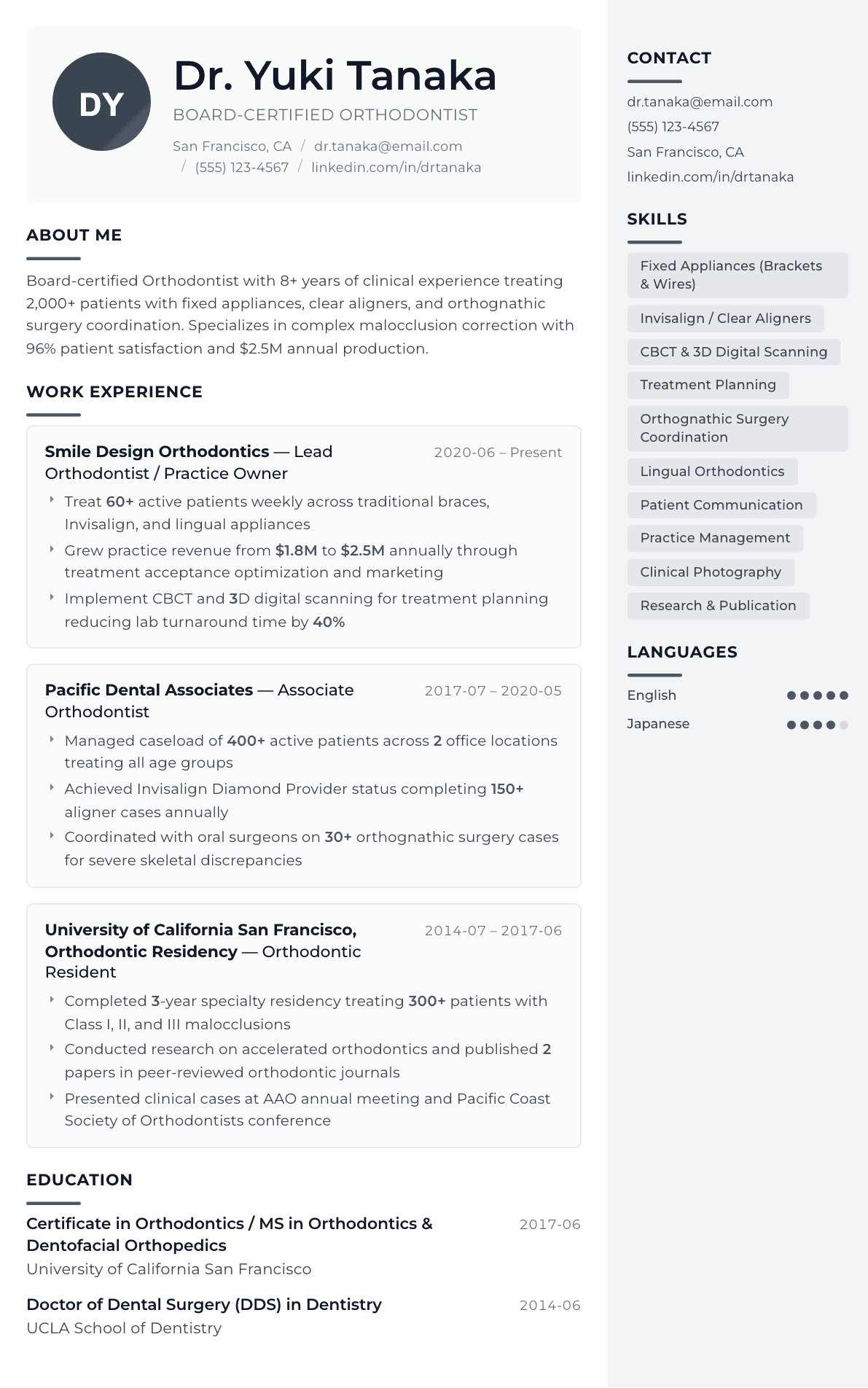 Orthodontist resume example, Metropolitan template