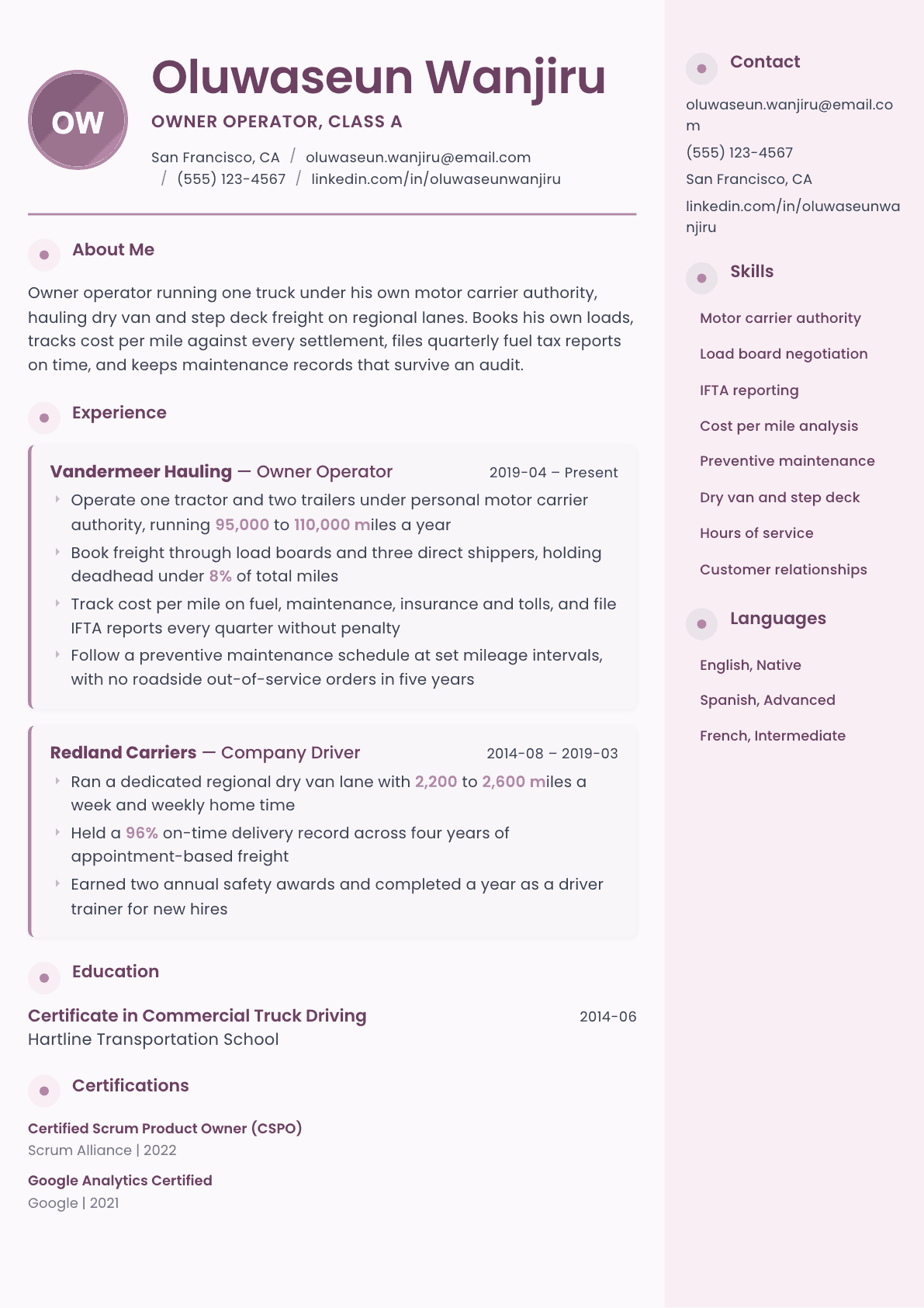 Owner Operator Truck Driver resume example, Bloom template
