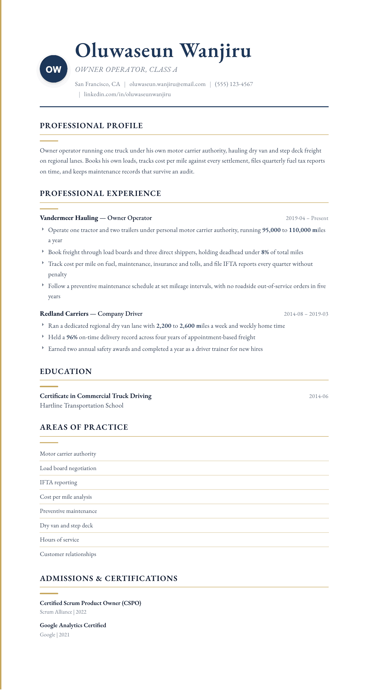 Owner Operator Truck Driver resume example, Folio template