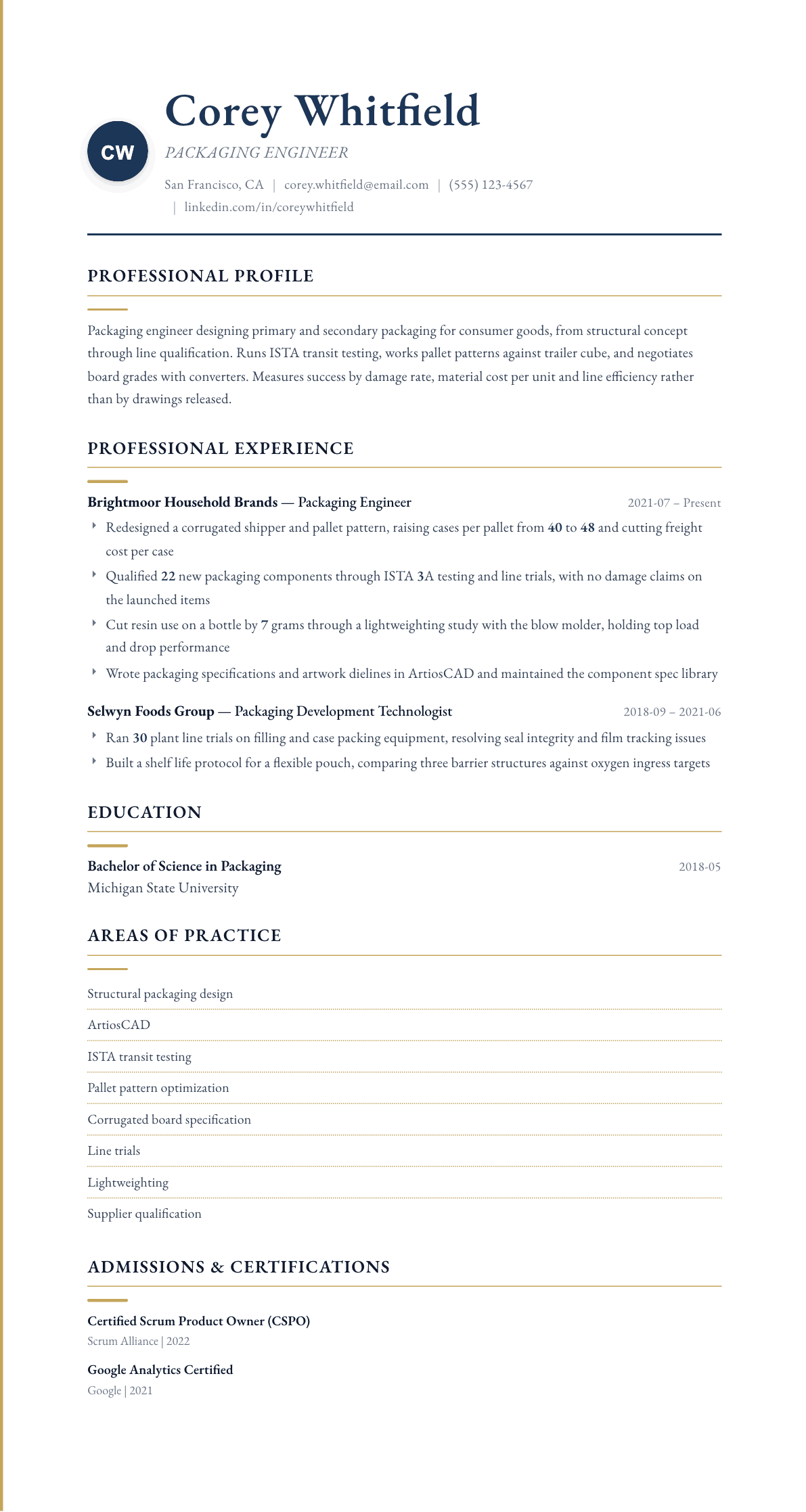 Packaging Engineer resume example, Folio template