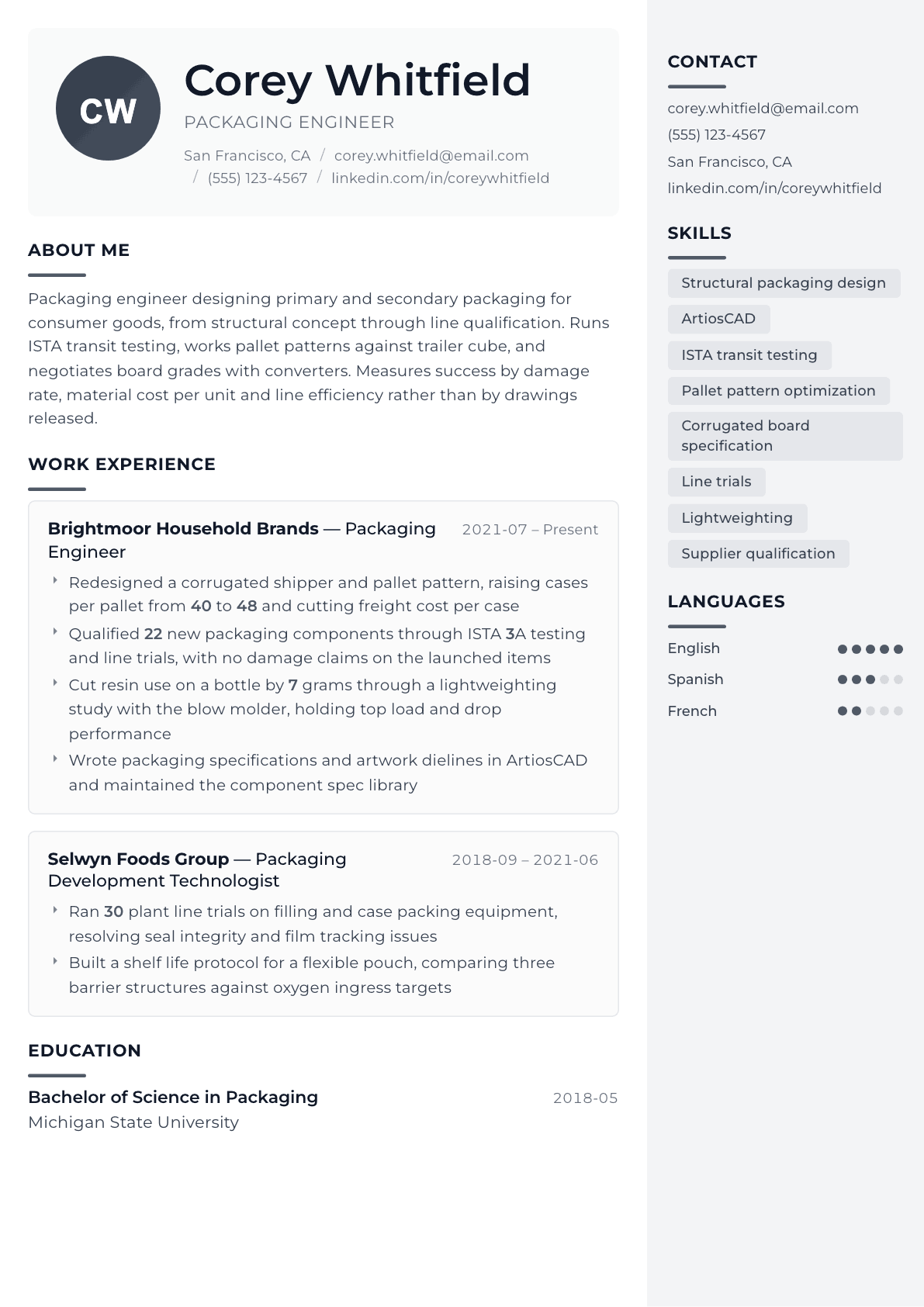 Packaging Engineer resume example, Metropolitan template