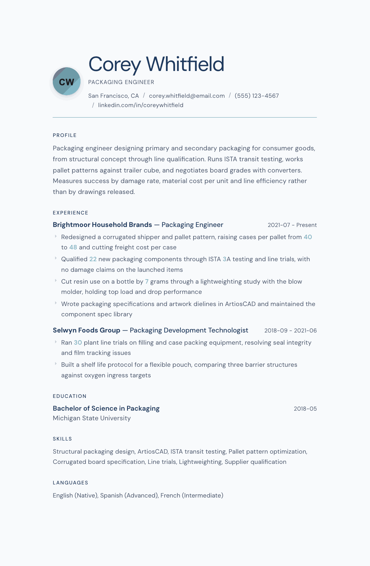 Packaging Engineer resume example, Nordic Frost template