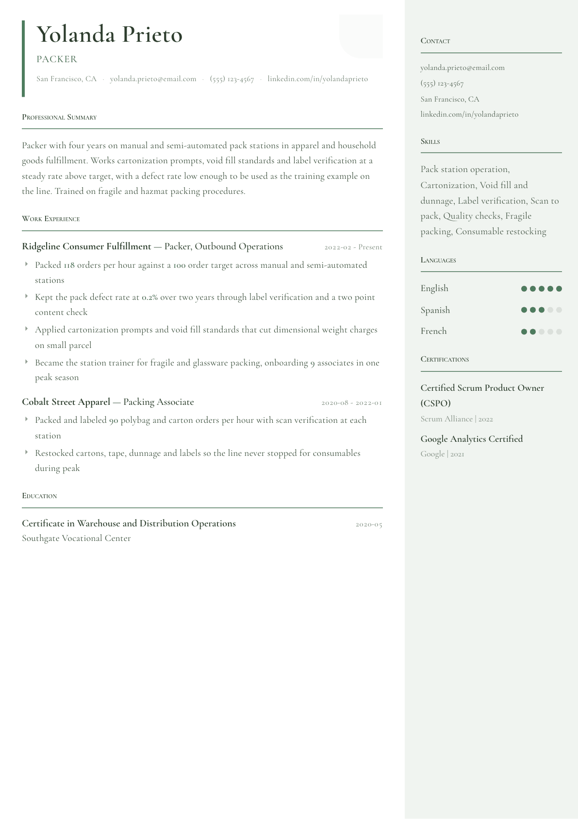 Packer resume example, Copenhagen template