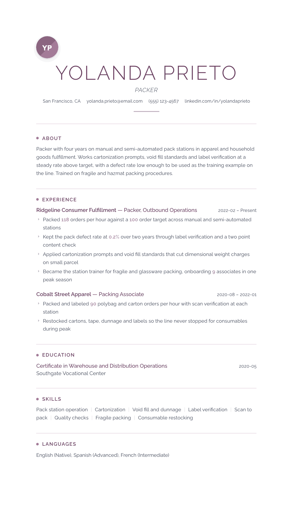 Packer resume example, Serenity template