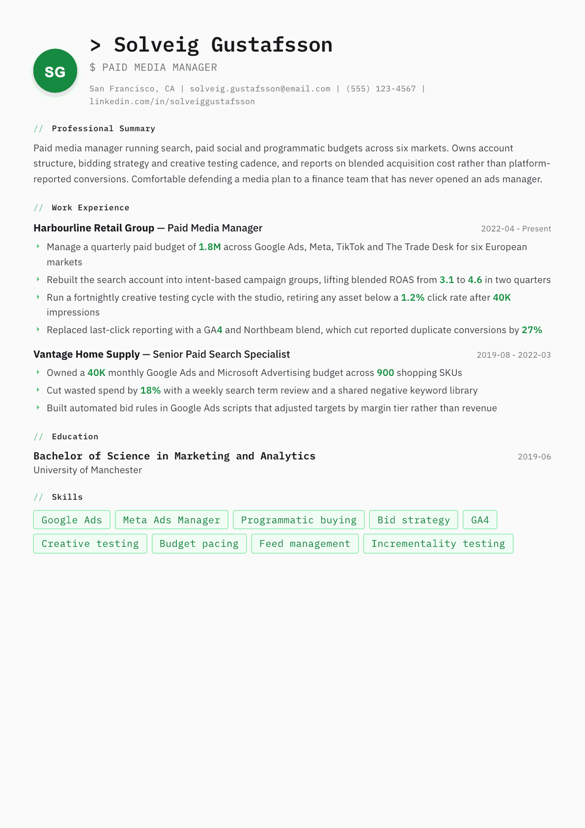 Paid Media Manager resume example, Amsterdam template