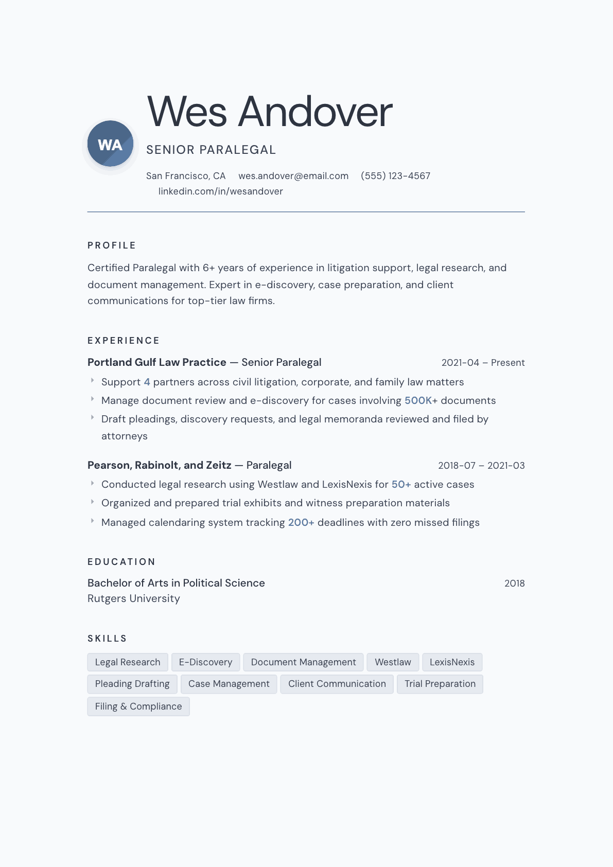 Paralegal resume example, Nordic template