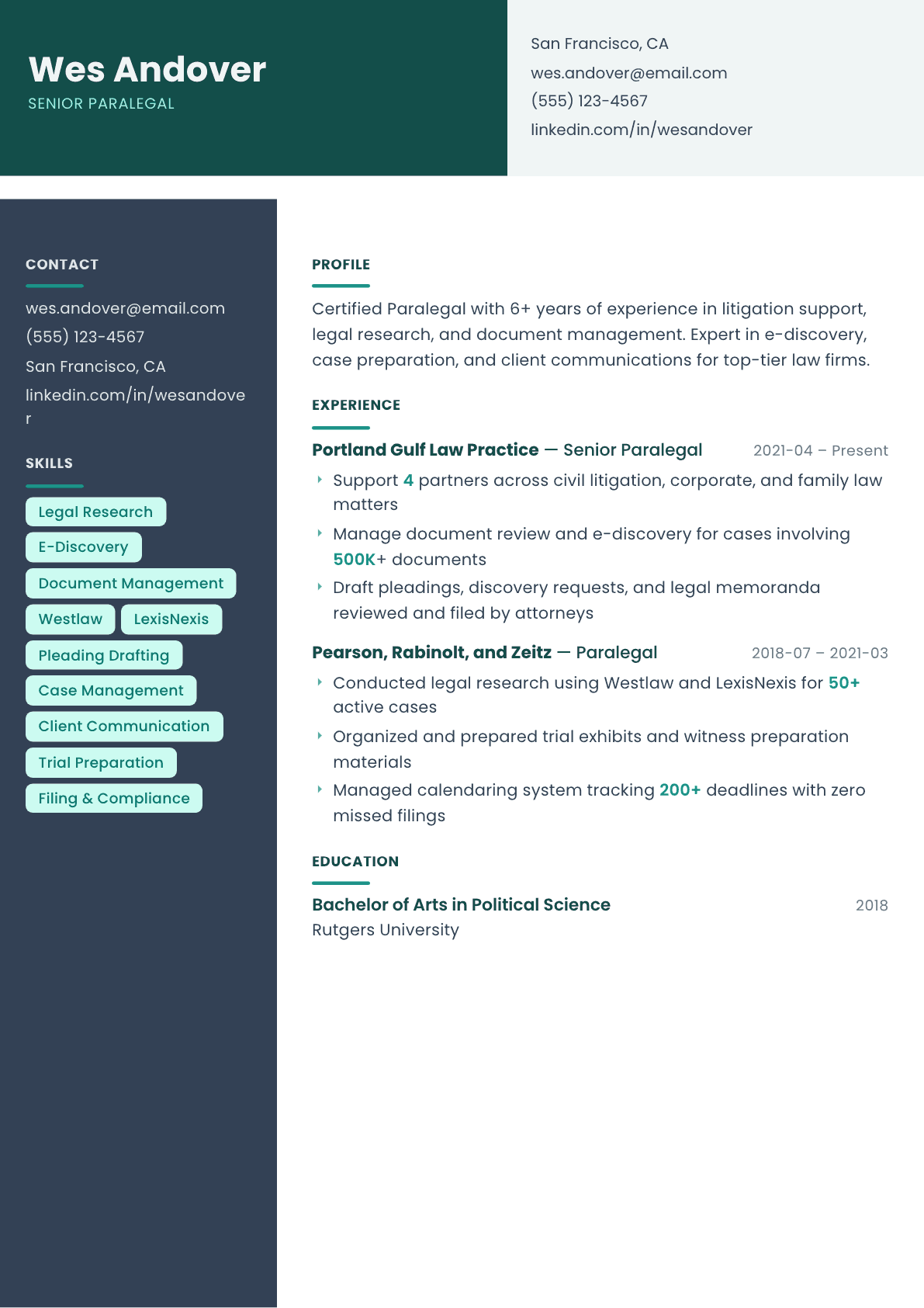 Paralegal resume example, Spectrum template