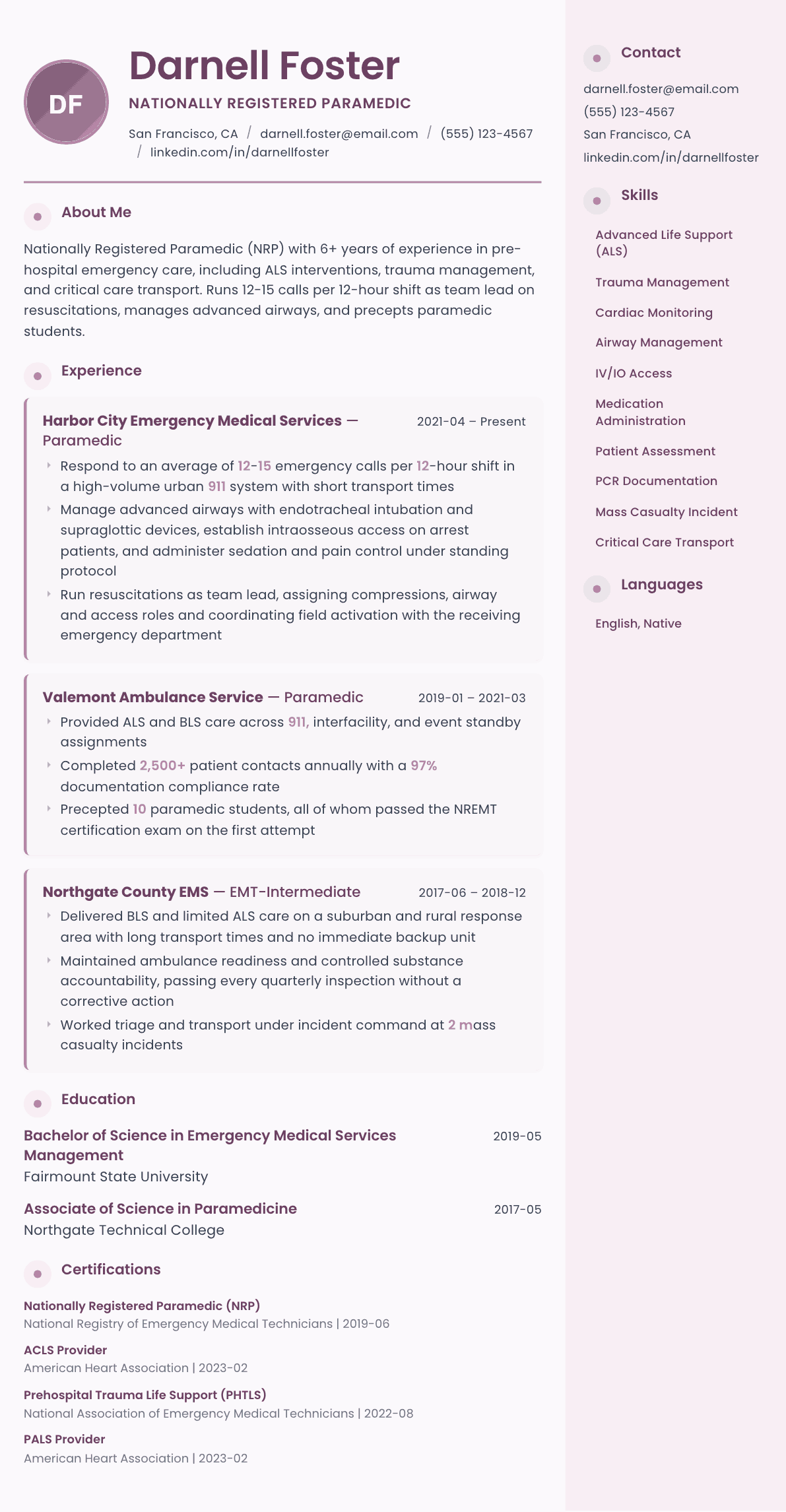 Paramedic resume example, Bloom template