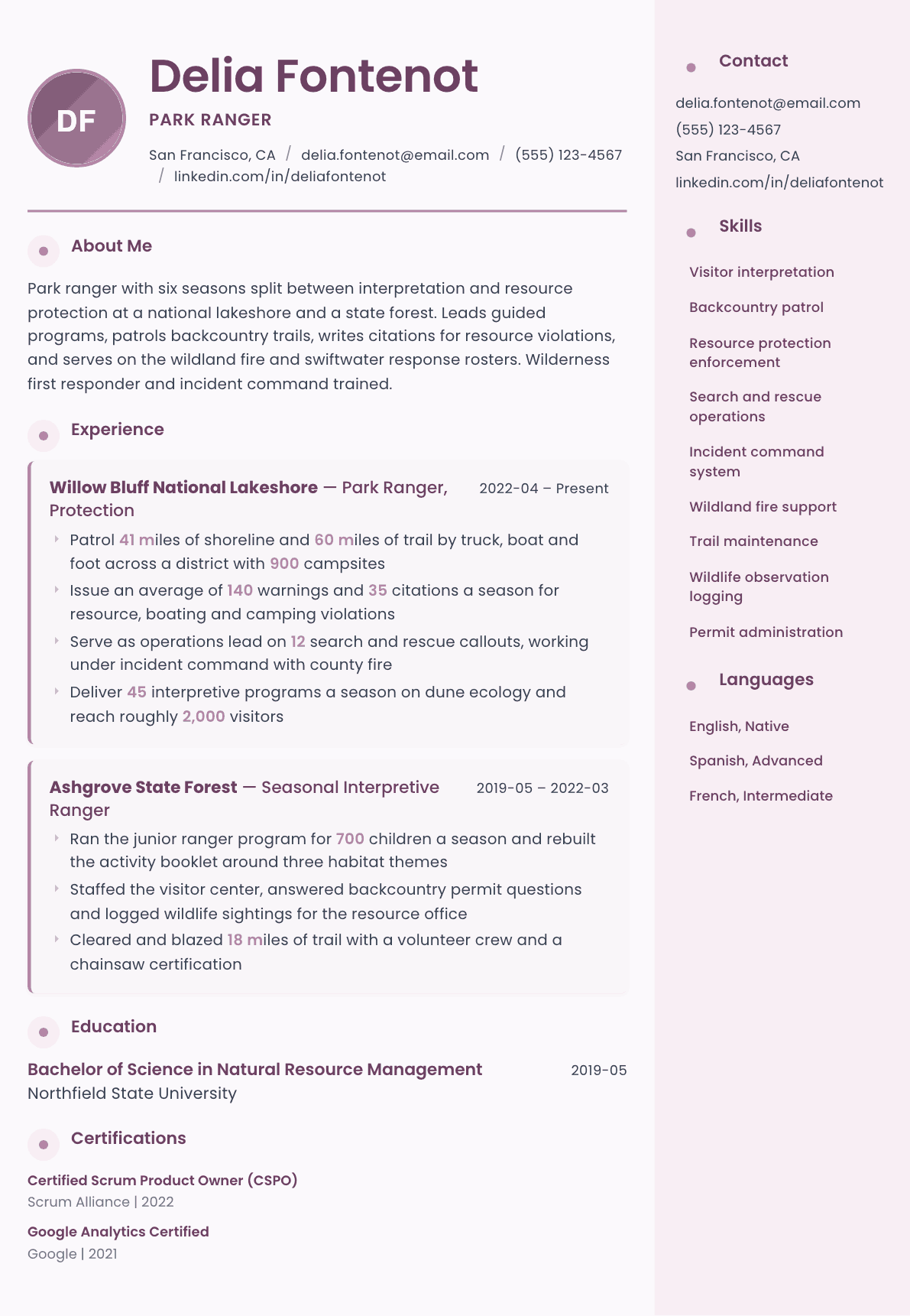 Park Ranger resume example, Bloom template