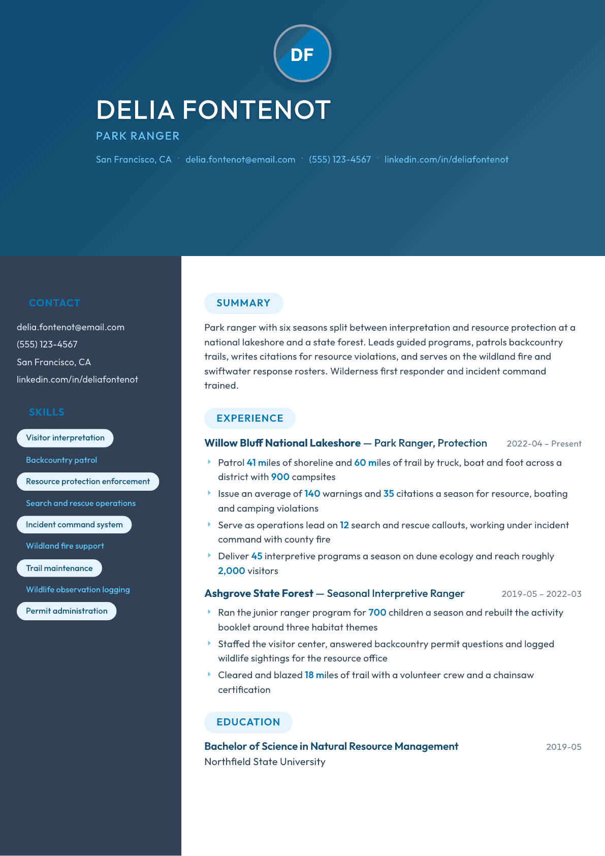 Park Ranger resume example, Nexus template