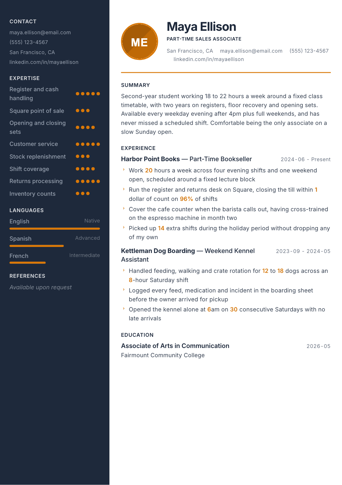 Part-Time Job resume example, Copper & Slate template