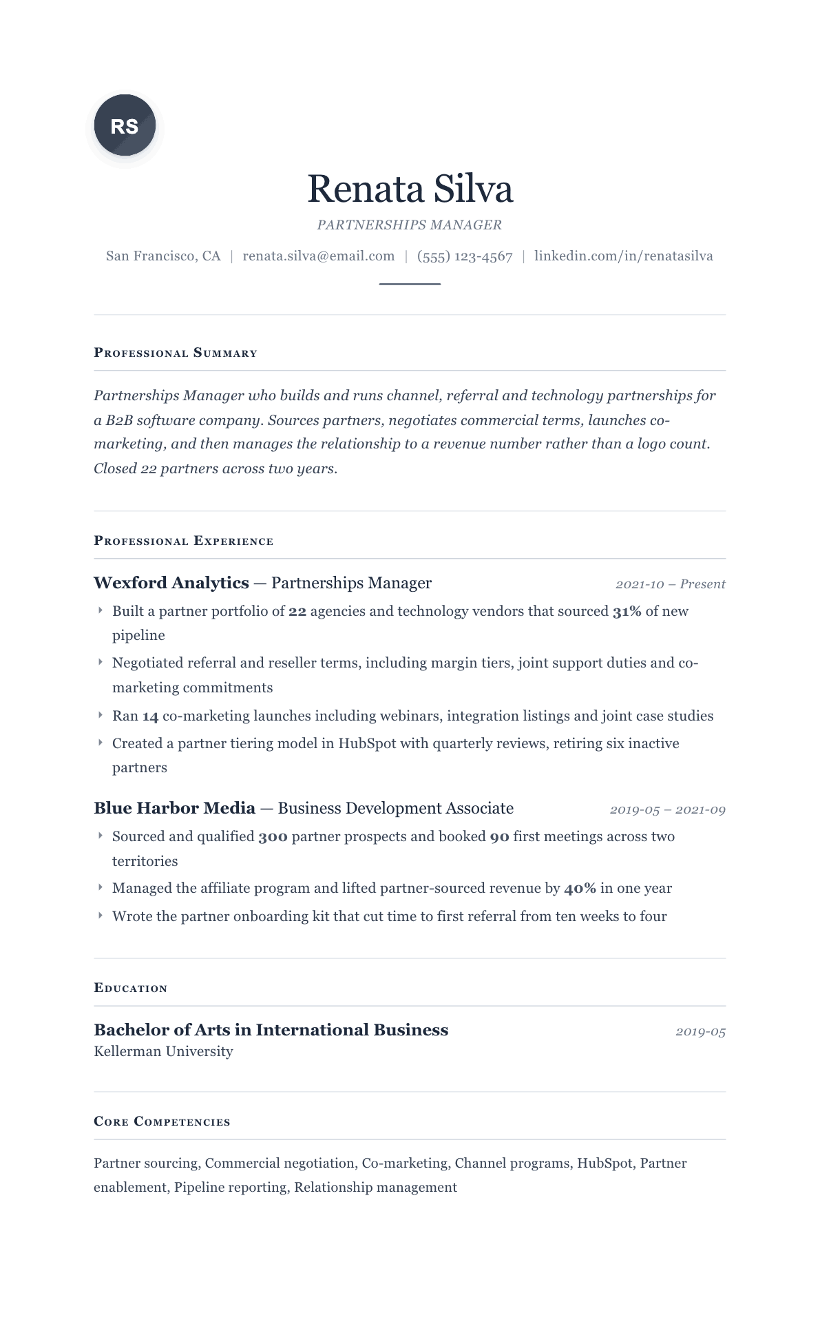Partnerships Manager resume example, Cornerstone template