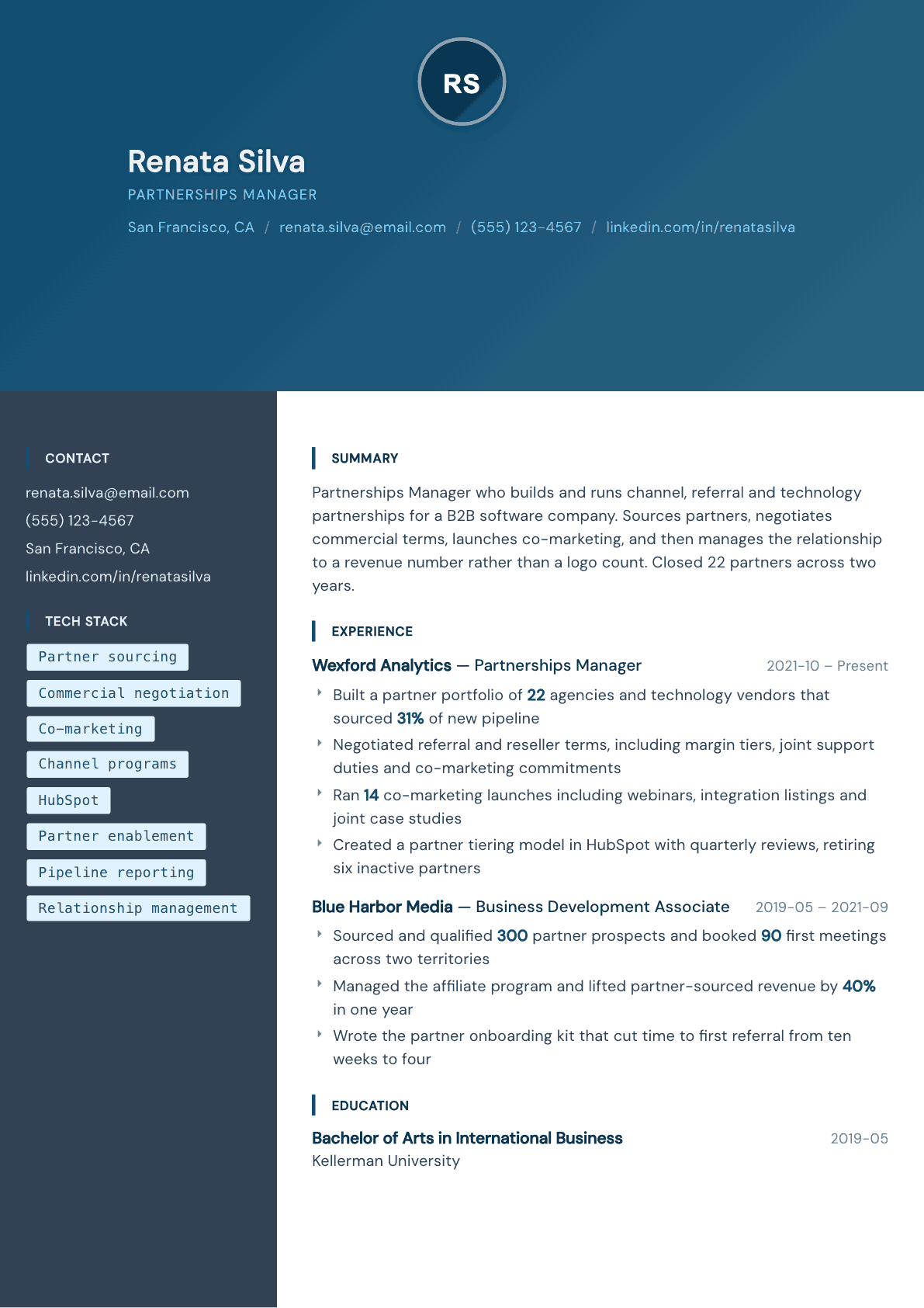 Partnerships Manager resume example, Prism template