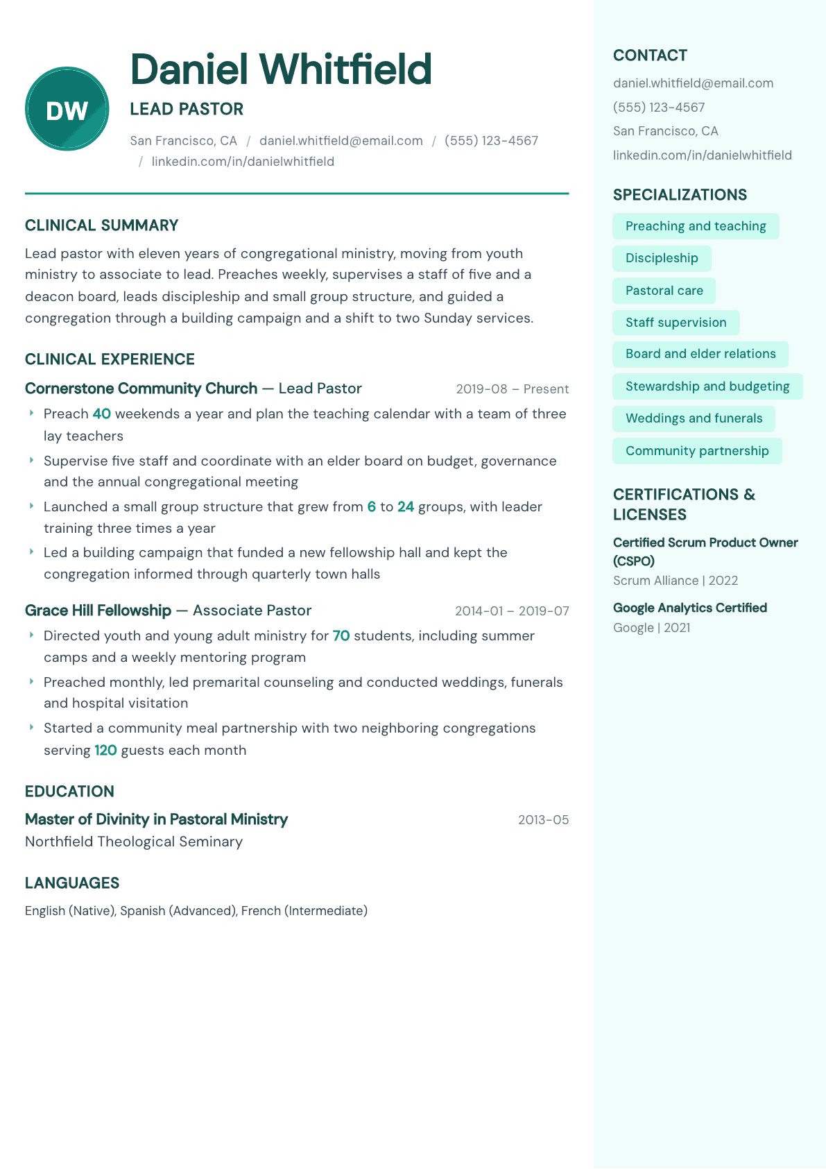 Pastor resume example, Remedy template