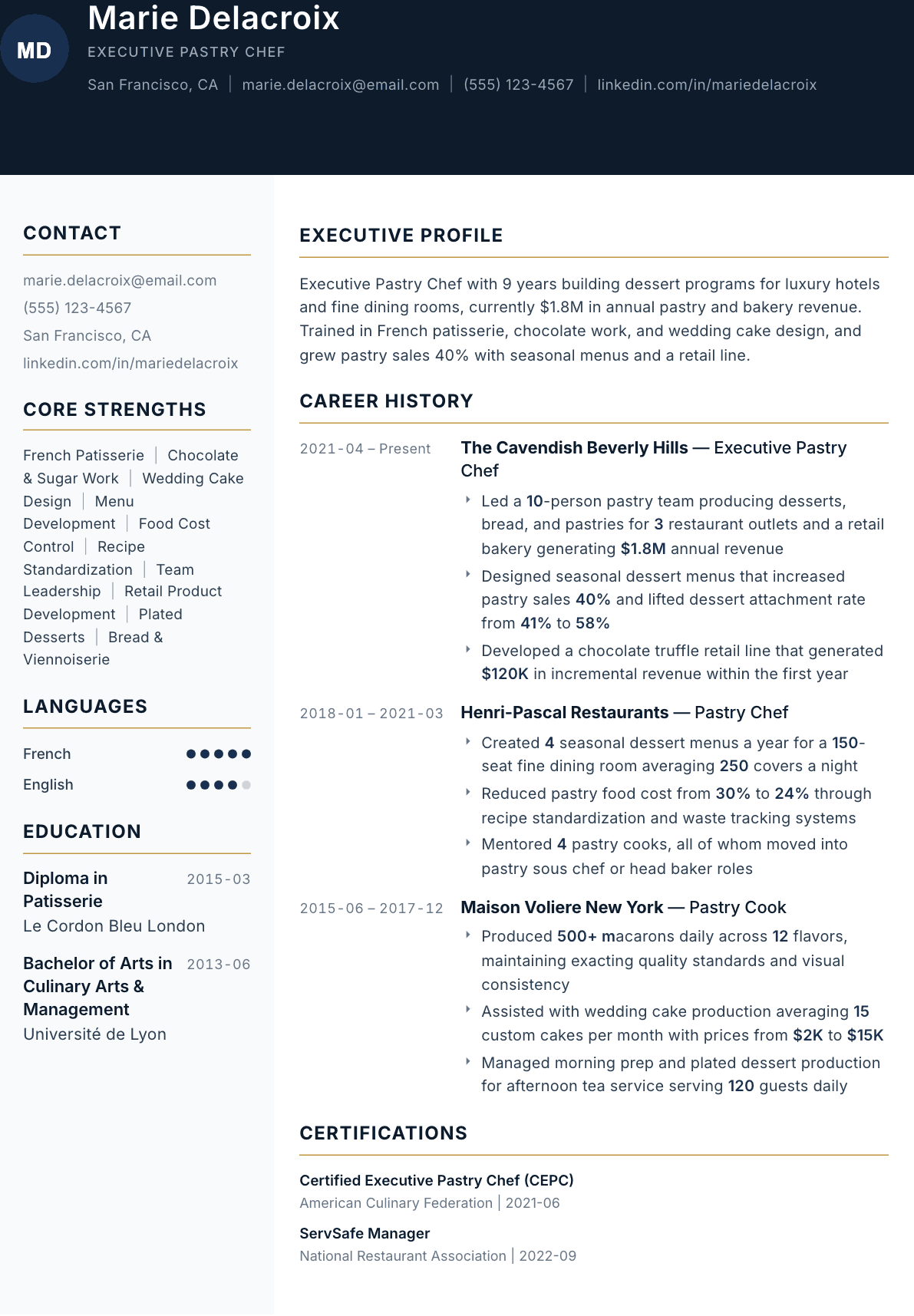 Pastry Chef resume example, Consulate template
