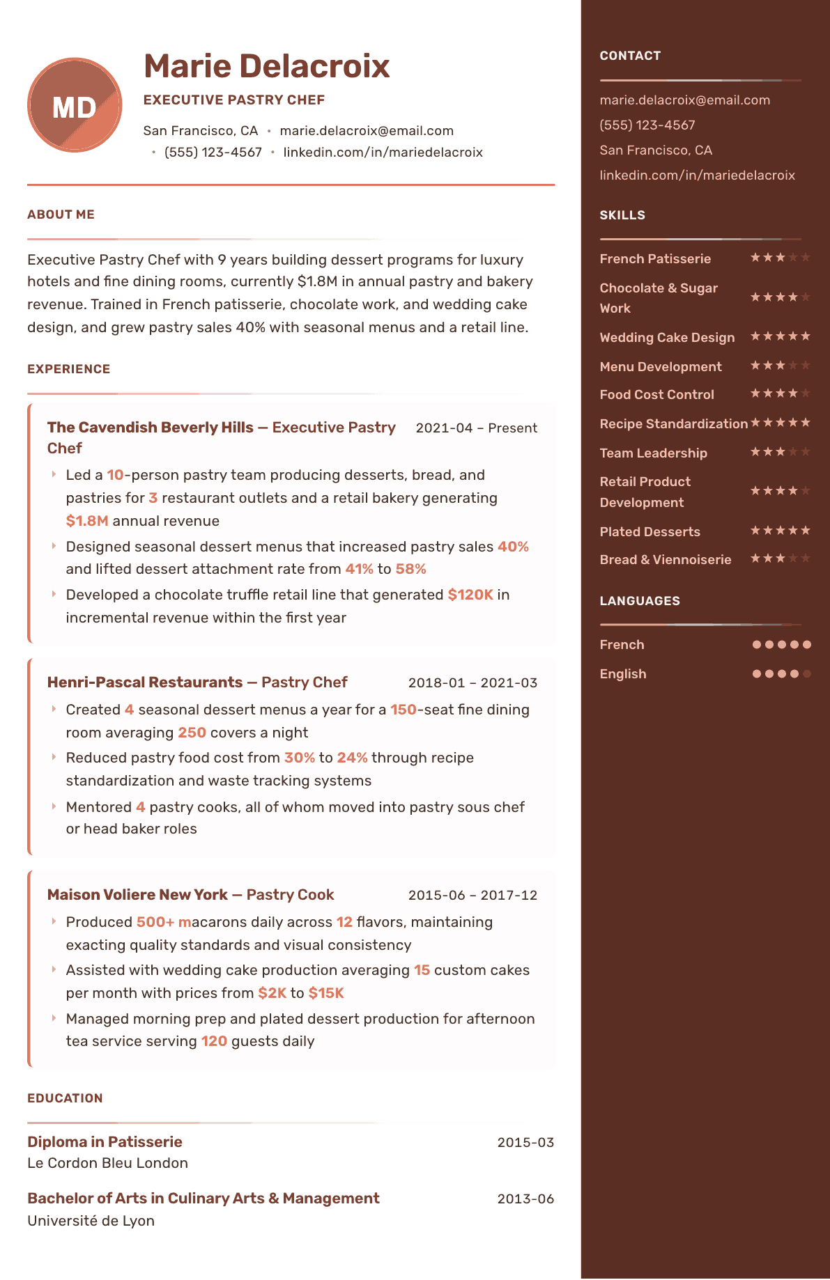 Pastry Chef resume example, Mosaic template