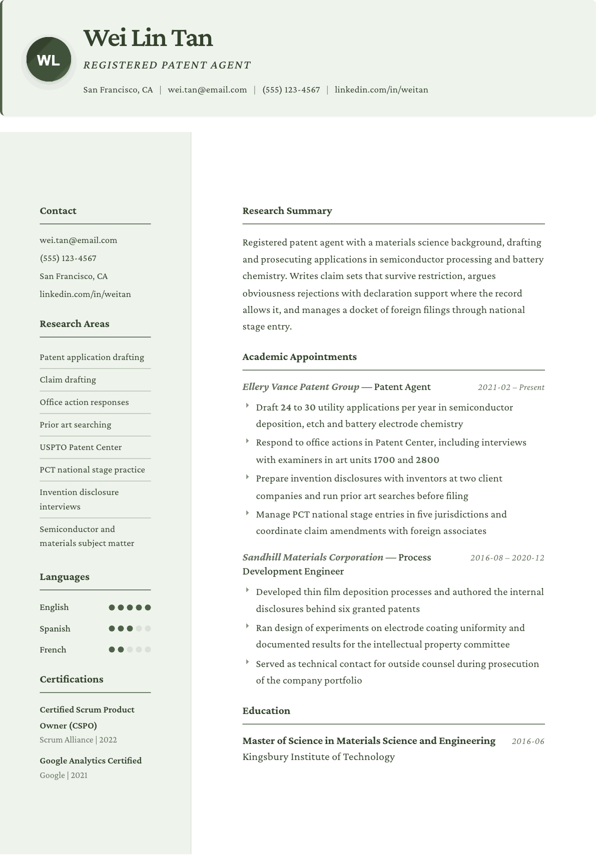 Patent Agent resume example, Research template