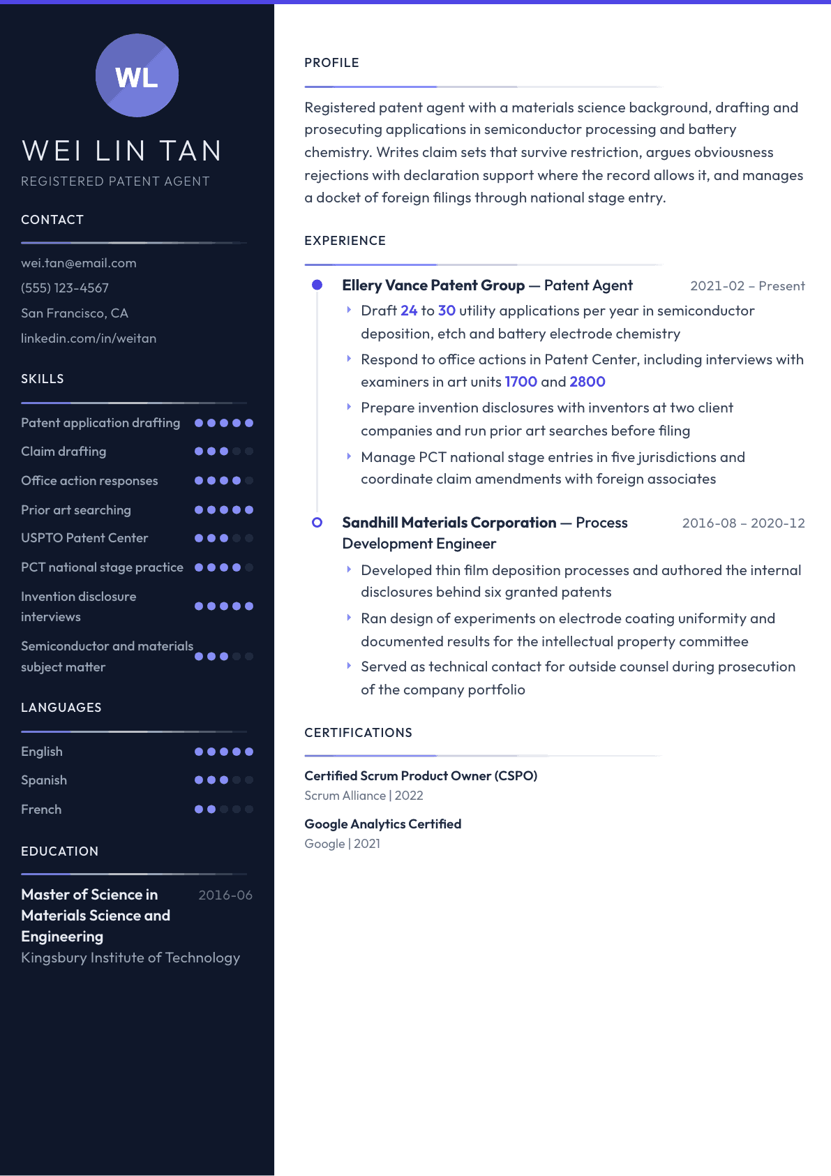 Patent Agent resume example, Zenith template