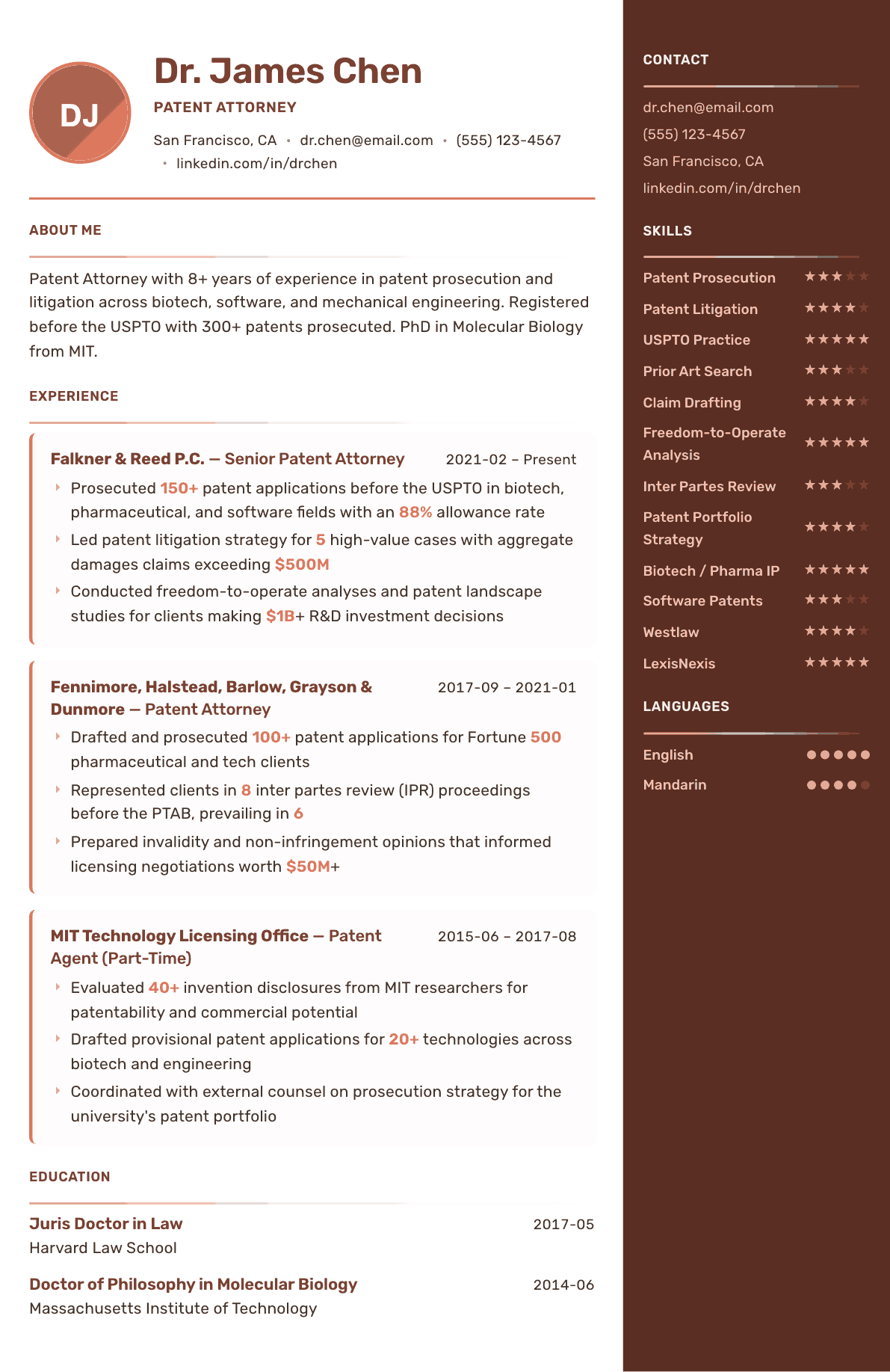 Patent Attorney resume example, Mosaic template