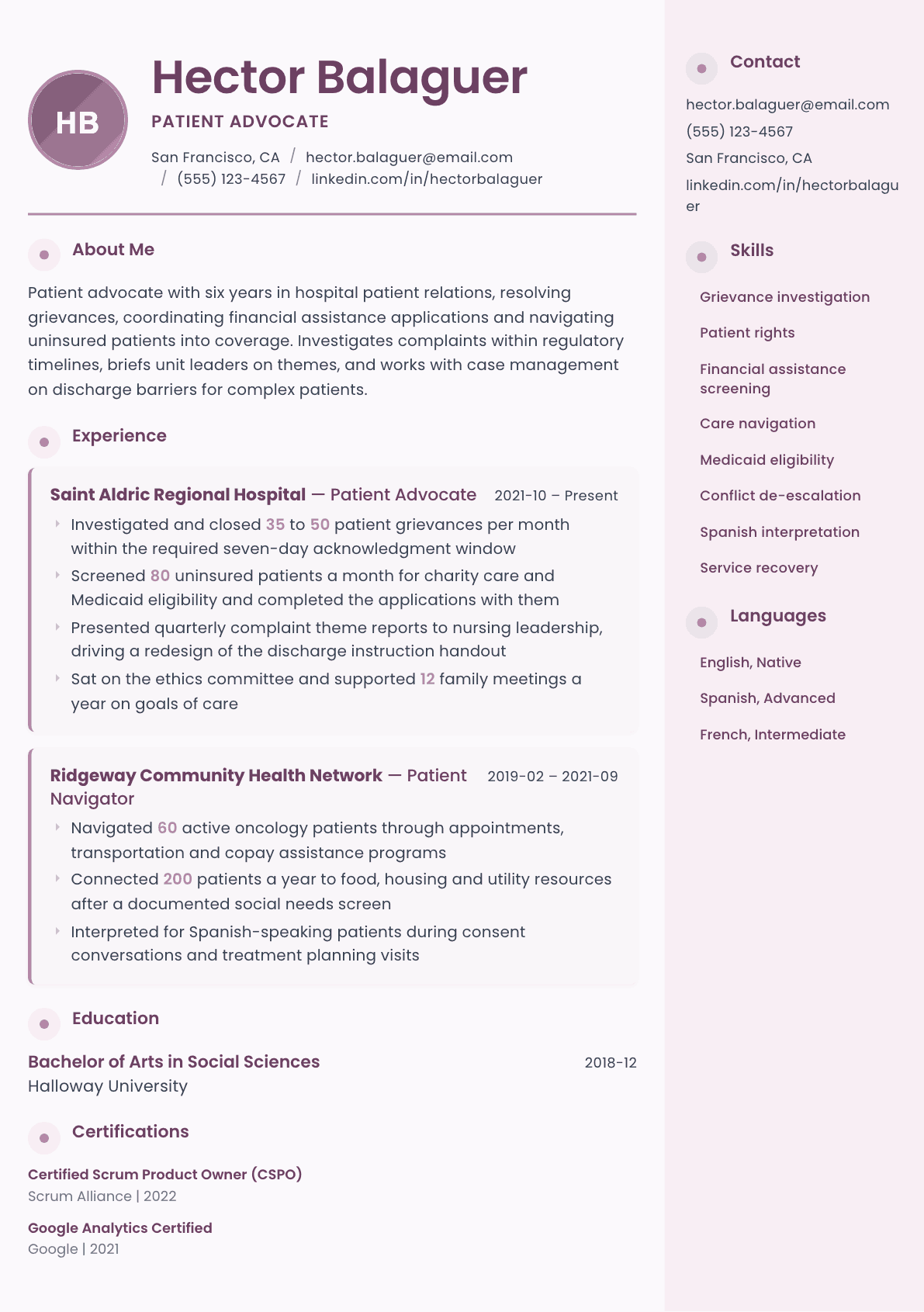 Patient Advocate resume example, Bloom template