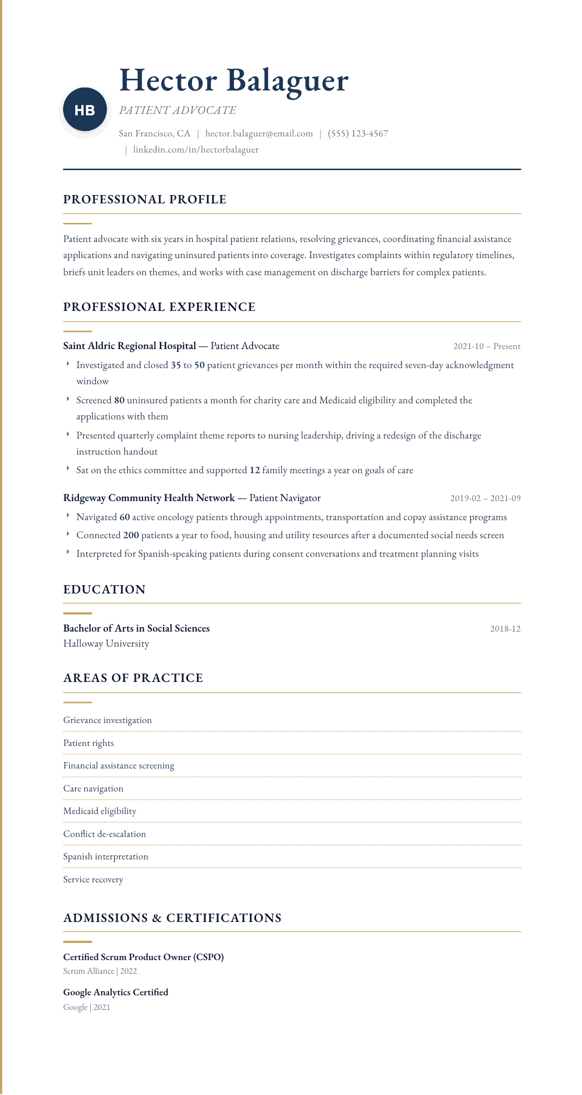 Patient Advocate resume example, Folio template