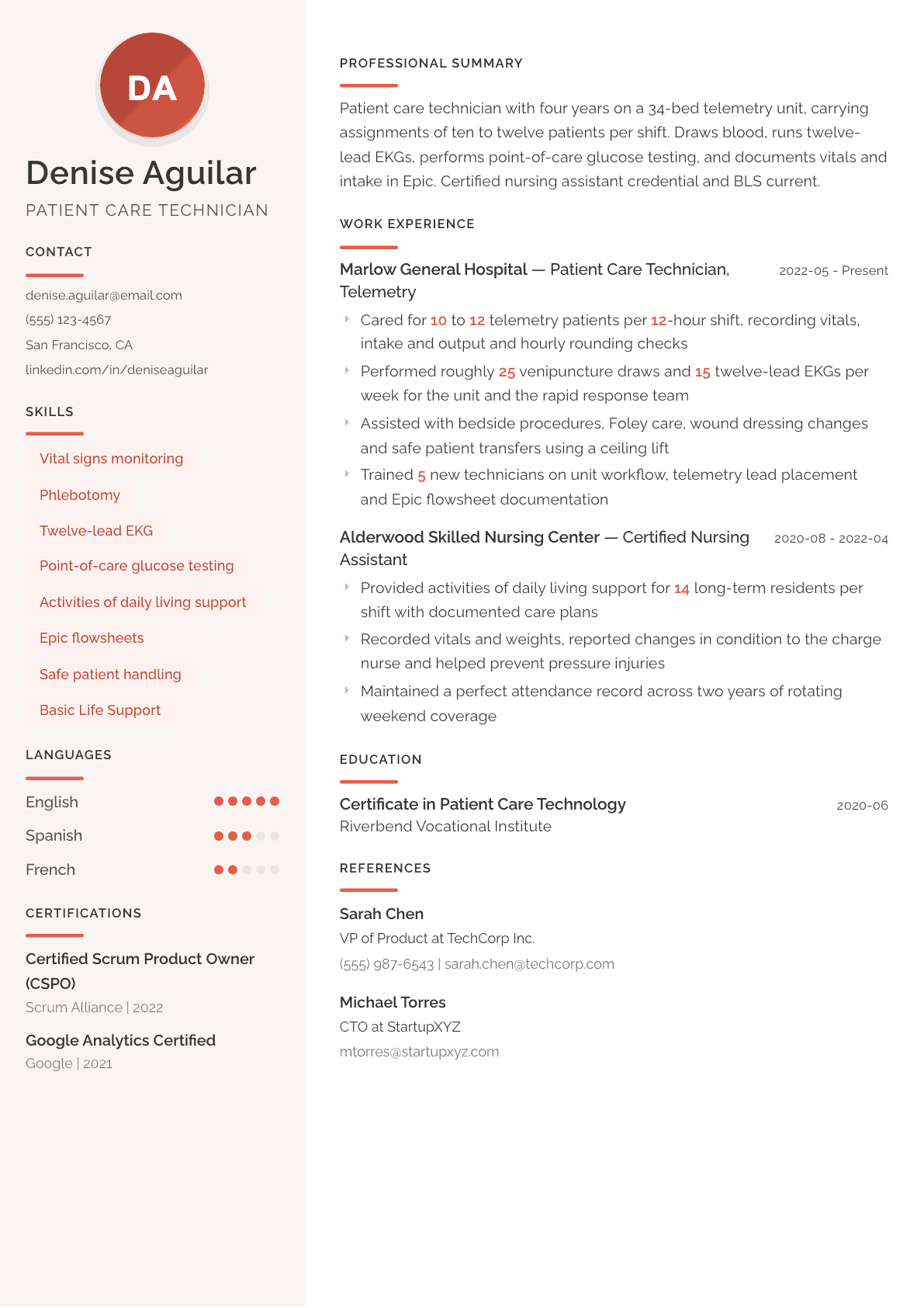 Patient Care Technician resume example, Milano template