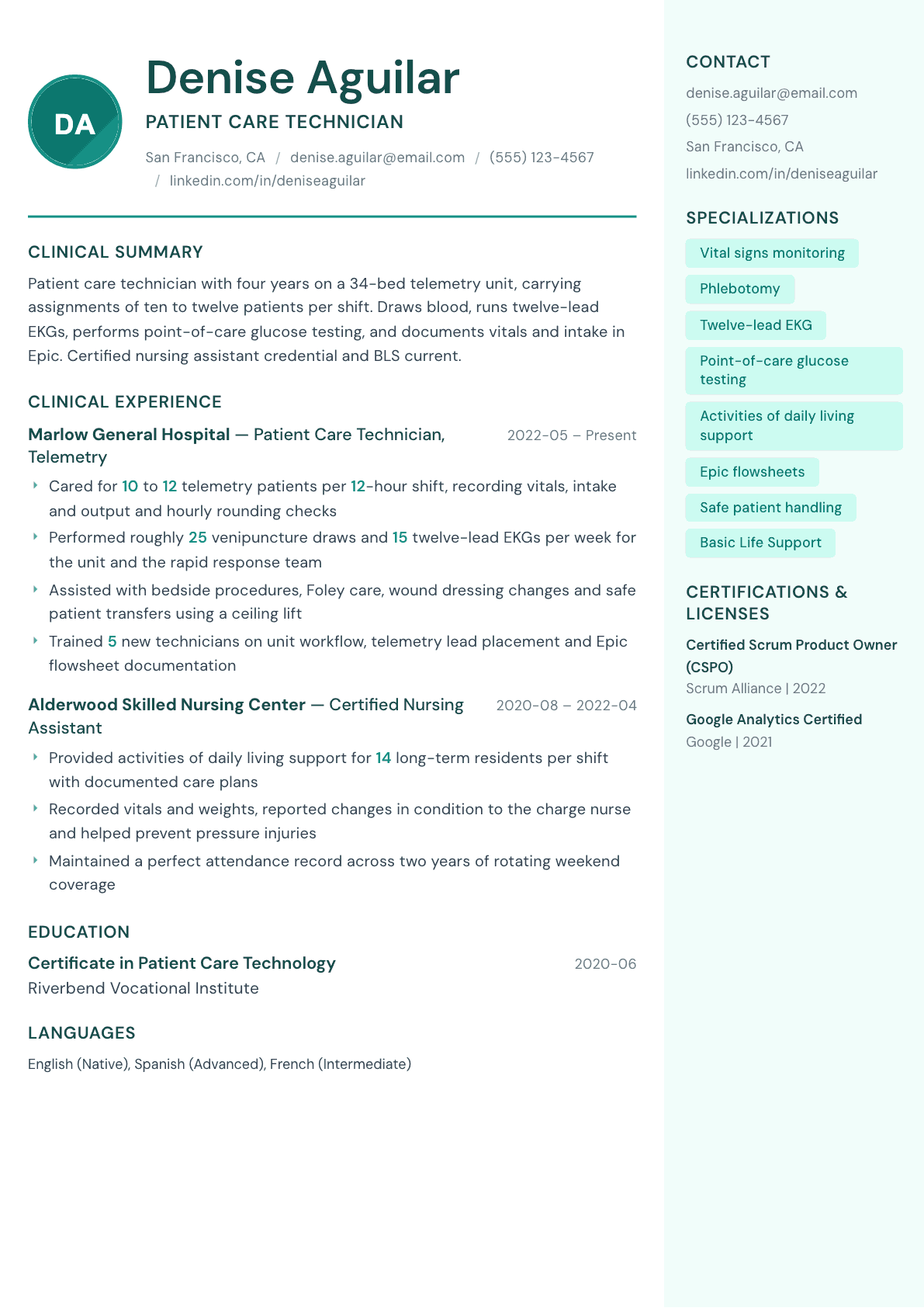 Patient Care Technician resume example, Remedy template