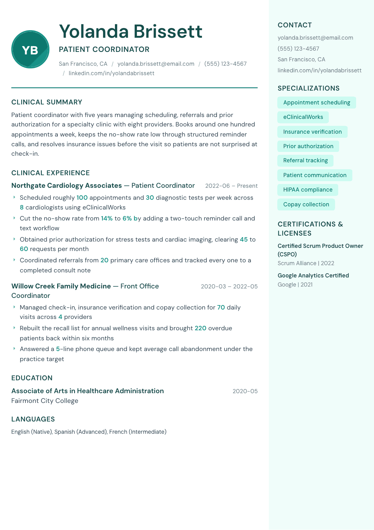 Patient Coordinator resume example, Remedy template
