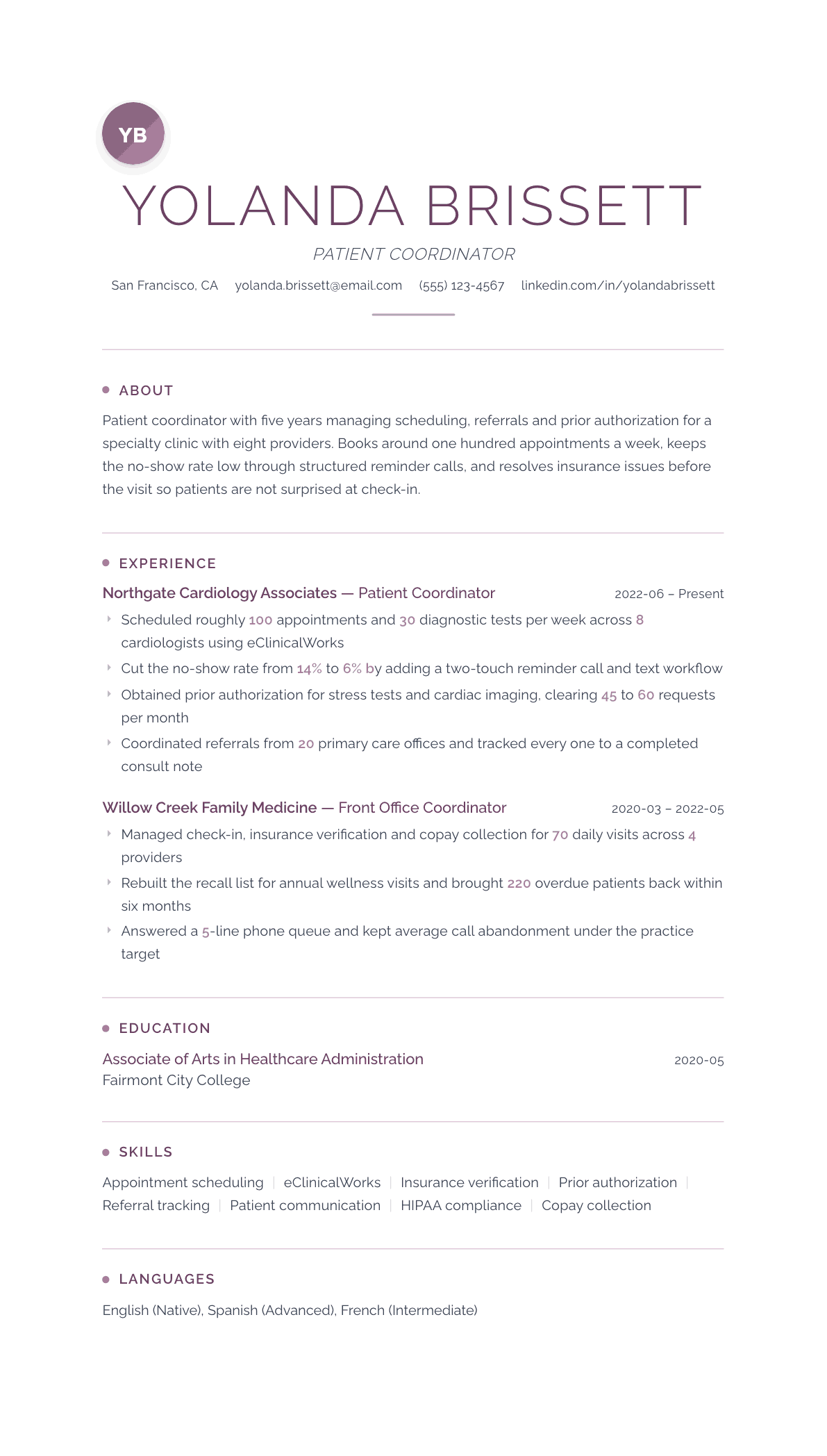 Patient Coordinator resume example, Serenity template