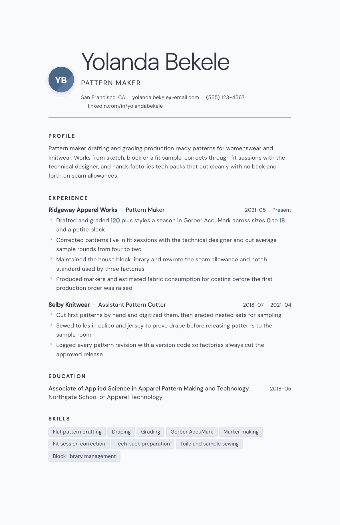 Pattern Maker resume example, Nordic template