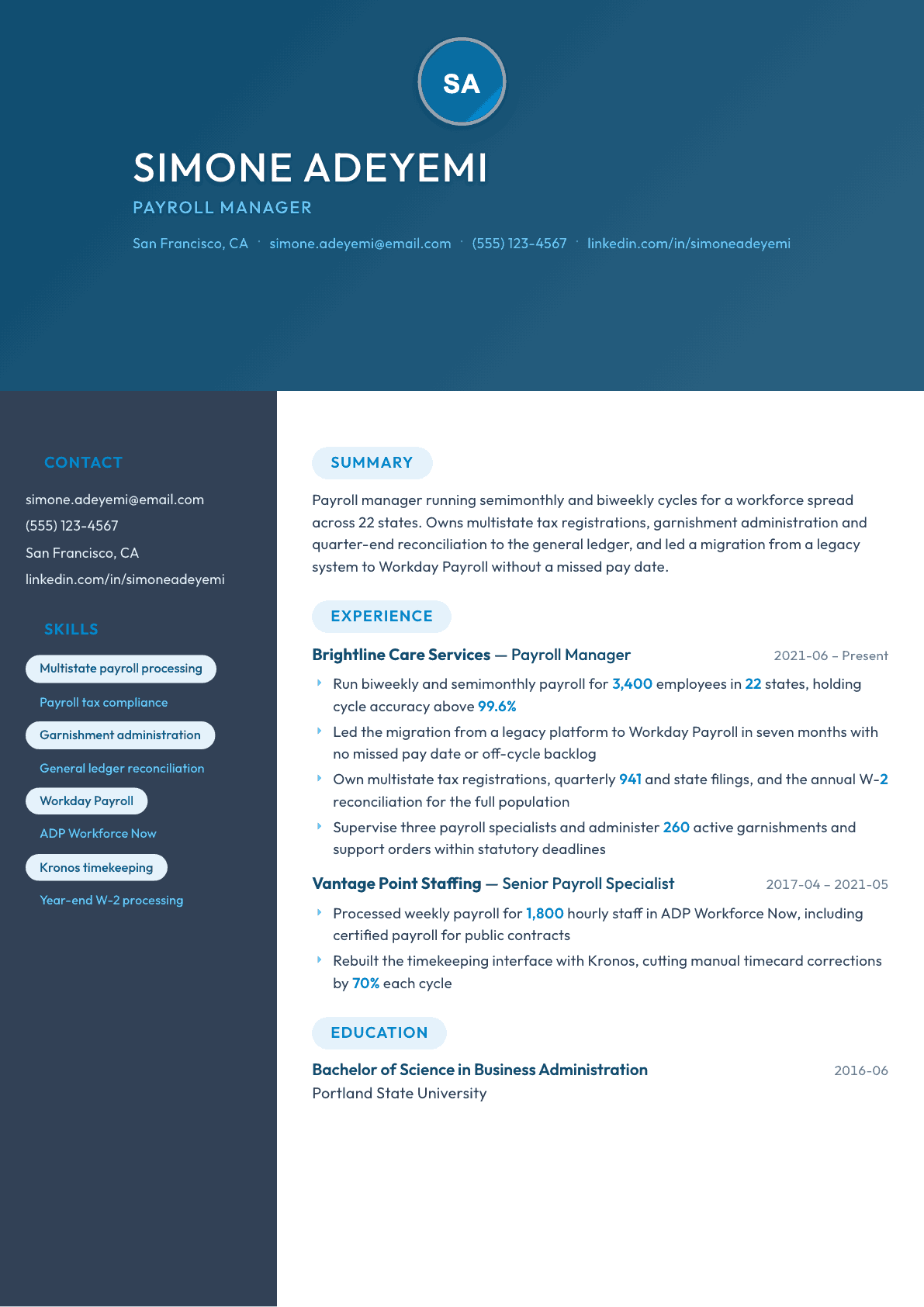 Payroll Manager resume example, Nexus template