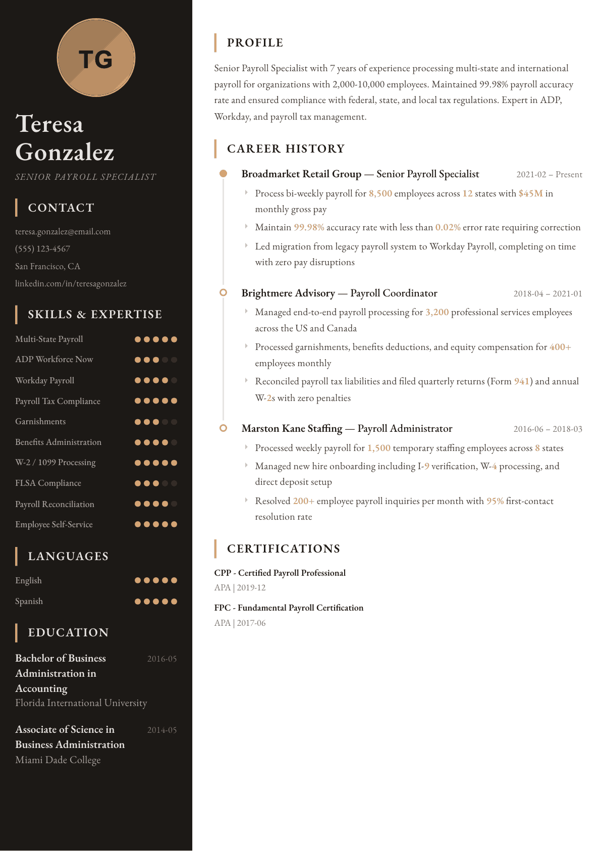 Payroll Specialist resume example, Heritage template