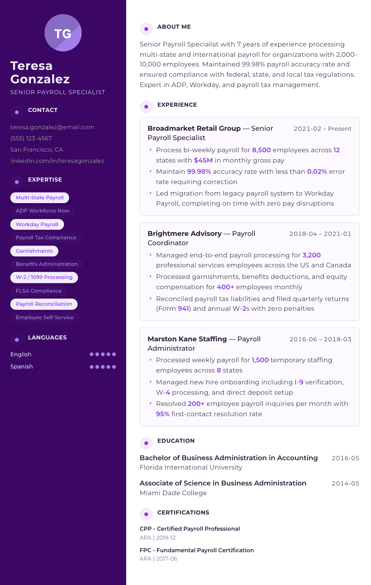 Payroll Specialist resume example, Palette template