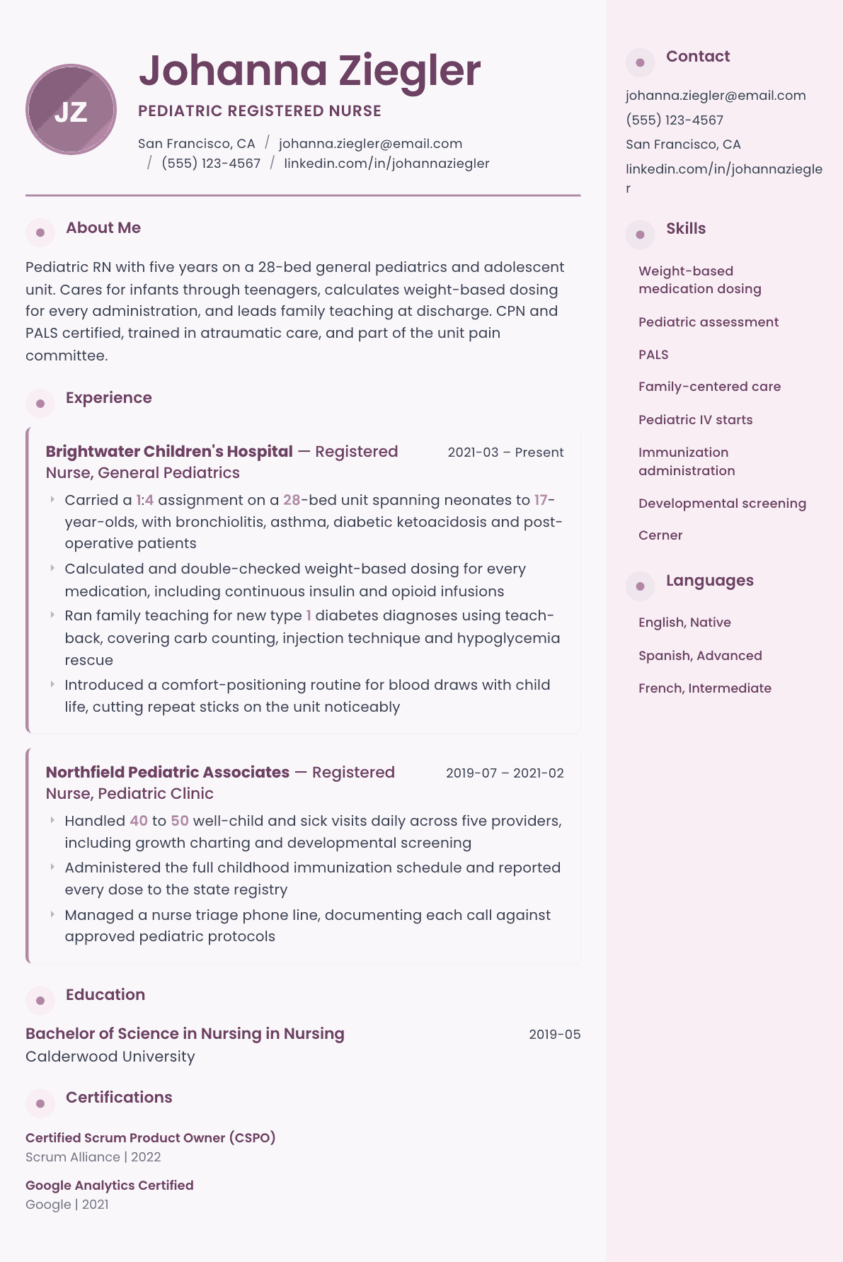 Pediatric Nurse resume example, Bloom template