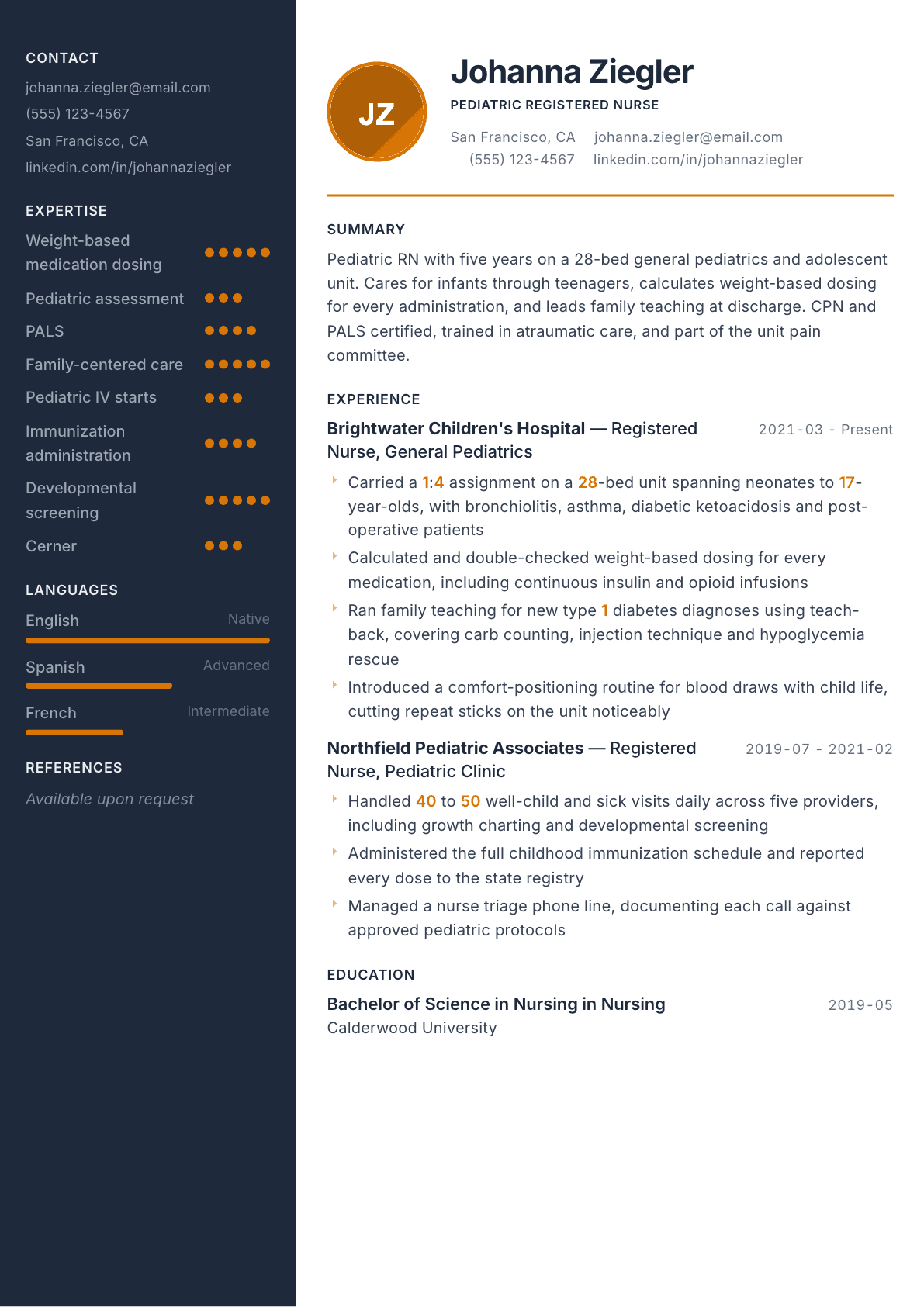 Pediatric Nurse resume example, Copper & Slate template